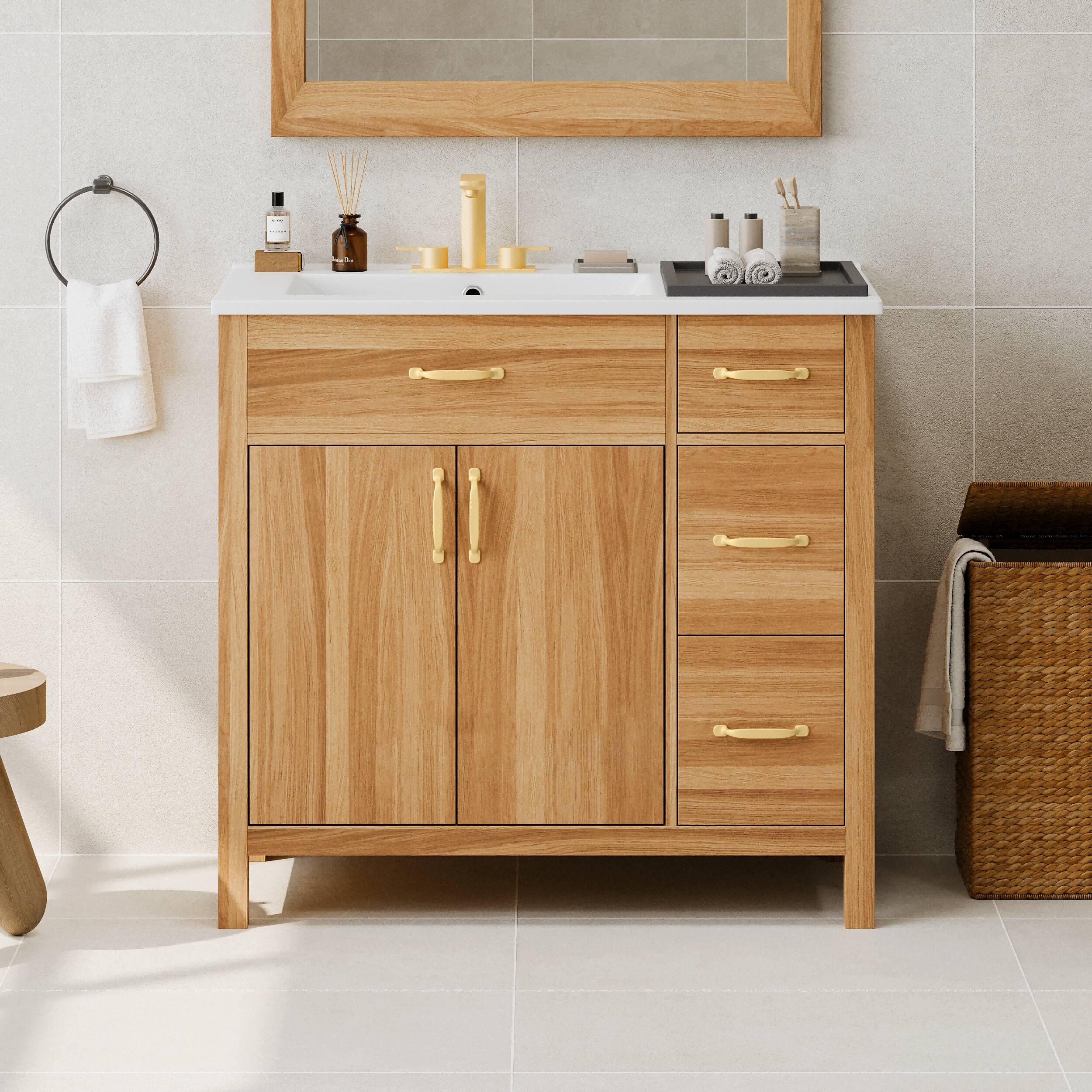 Alt View 10. Glintex - 36" Bathroom Vanity with Sink, Solid Wood Frame, 2 Doors, 3 Drawers, Adjustable Shelf, Modern Storage - Wood.