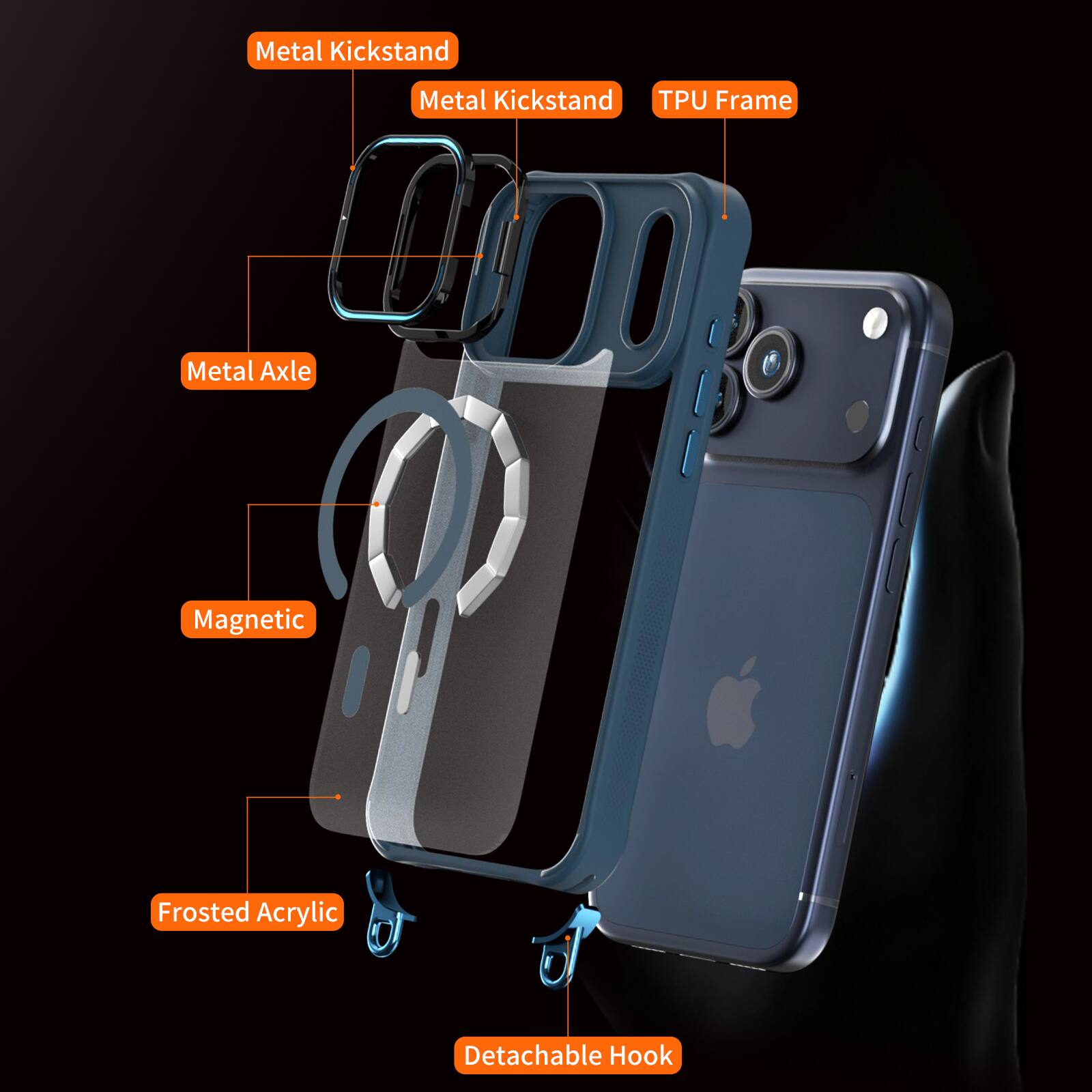 Metal Kickstand  
Metal Kickstand  
TPU Frame  
Metal Axle  
Magnetic  
Frosted Acrylic  
Detachable Hook