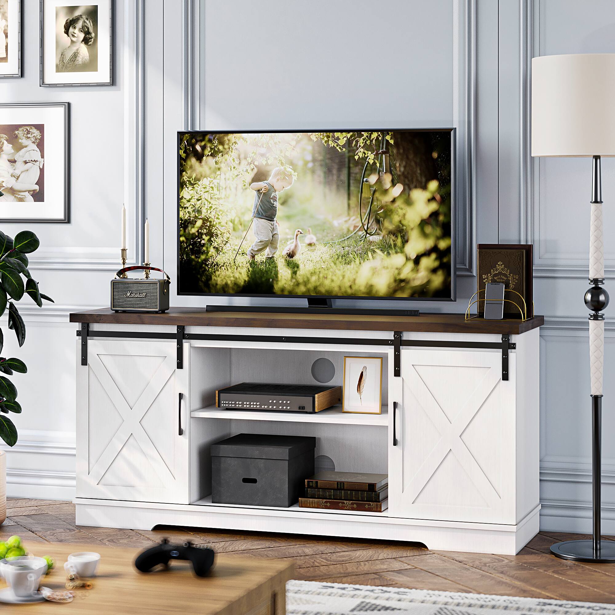 Alt View 1. Acekool - Farmhouse TV Stand for 65 Inch TV Media Console Cabinet, Brown + White - White.