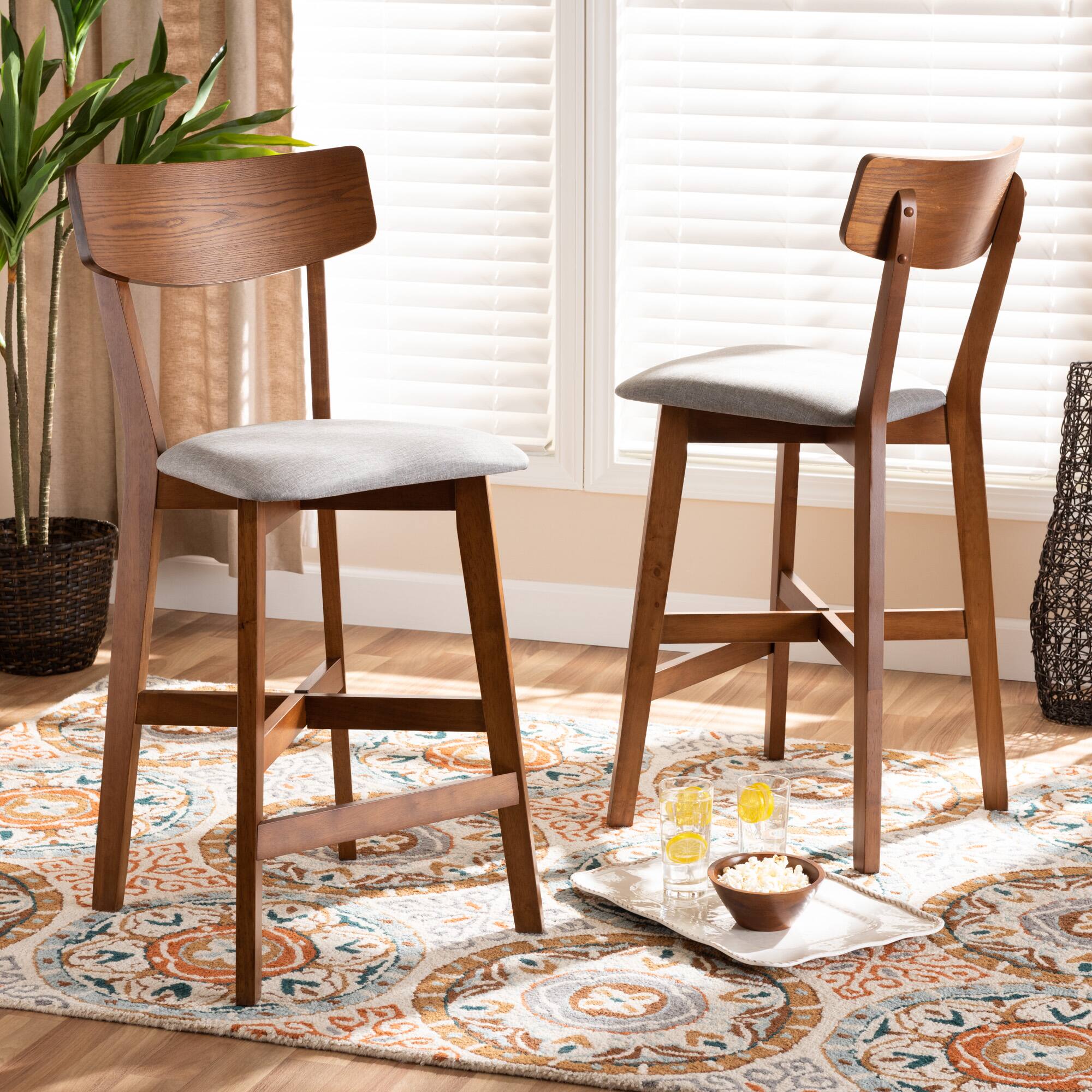 Alt View 2. Baxton Studio - Cameron Modern and Contemporary Transitional Fabric Upholstered and Walnut Finished Wood 2-Piece Counter Stool Set - Grey/Walnut Brown.