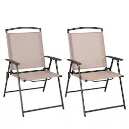 Costway - 2 pcs Patio Folding Sling Dining Chairs Armrests Steel Frame Outdoor - Beige