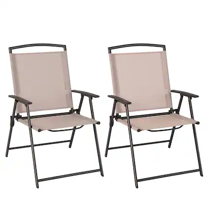 Front. Costway - Costway 2 pcs Patio Folding Sling Dining Chairs Armrests Steel Frame Outdoor - Beige.
