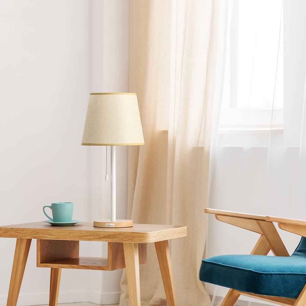 Alt View 1. Oumilen - Wooden Base Table Lamp with Beige Fabric Shade, Pull Chain Switch & UL Plug.
