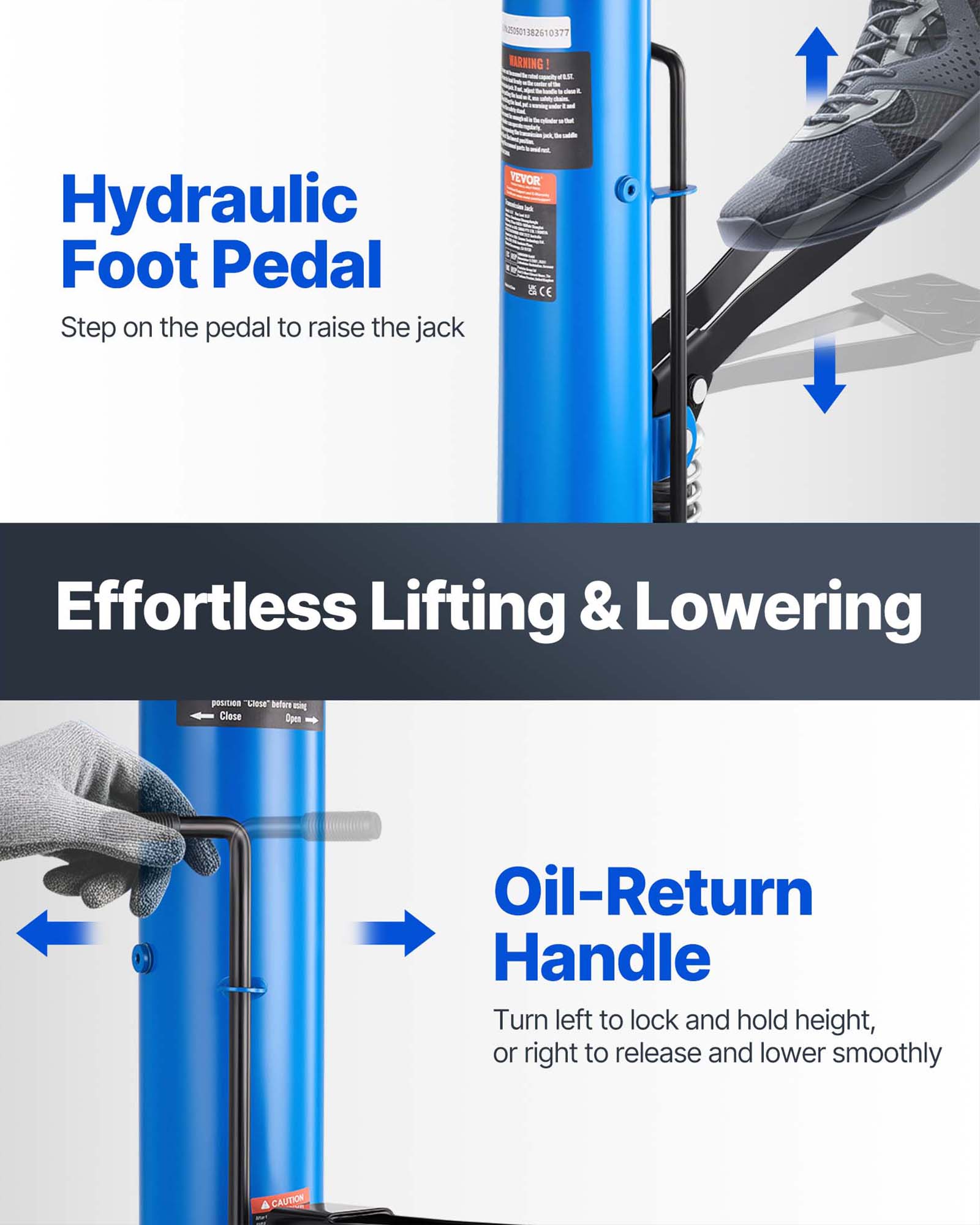 ONC1382610377 0377 BARNING G!  
Hydraulic Foot Pedal  
Step on the pedal to raise the jack  

FEVOR CE  
Effortless Lifting & Lowering  

Oil-Return Handle  
Turn left to lock and hold height, or right to release and lower smoothly  

CAUTION