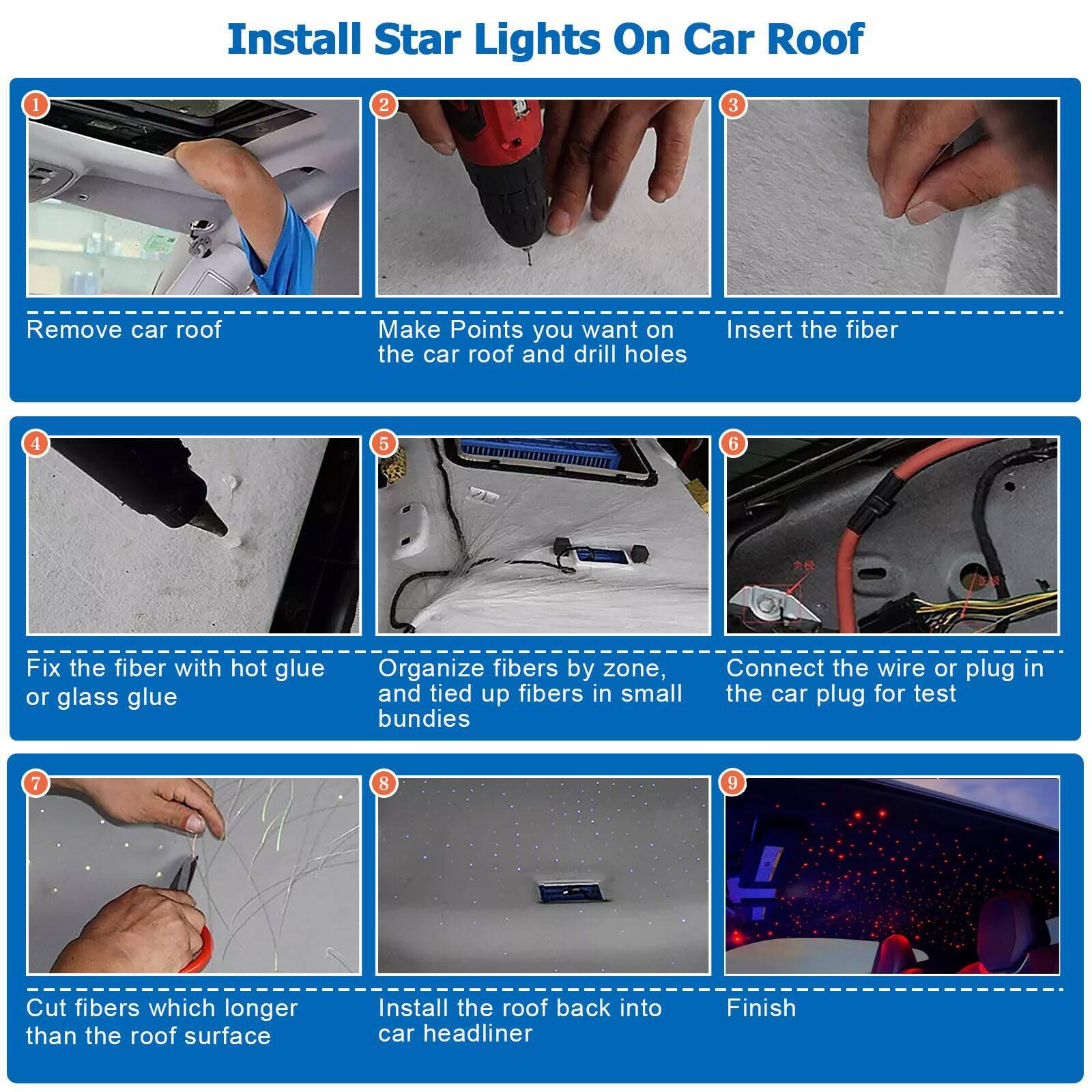 Sure, here is the corrected and grouped text from the image:

---

**Install Star Lights On Car Roof**

1. **Remove car roof**
2. **Make Points you want on the car roof and drill holes**
3. **Insert the fiber**
4. **Fix the fiber with hot glue or glass glue**
5. **Organize fibers by zone, and tied up fibers in small bundles**
6. **Connect the wire or plug in the car plug for test**
7. **Cut fibers which longer than the roof surface**
8. **Install the roof back into car headliner**
9. **Finish**

---