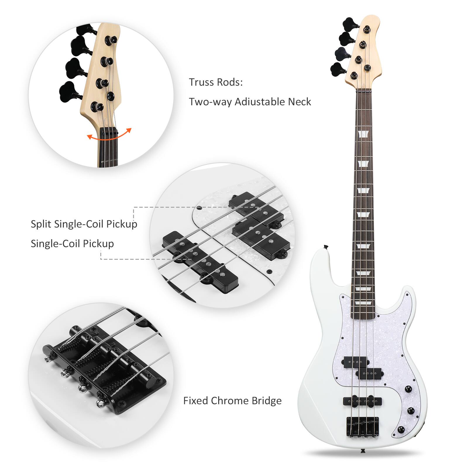 Truss Rods: Two-way Adjustable Neck  
Split Single-Coil Pickup  
Single-Coil Pickup  
Fixed Chrome Bridge