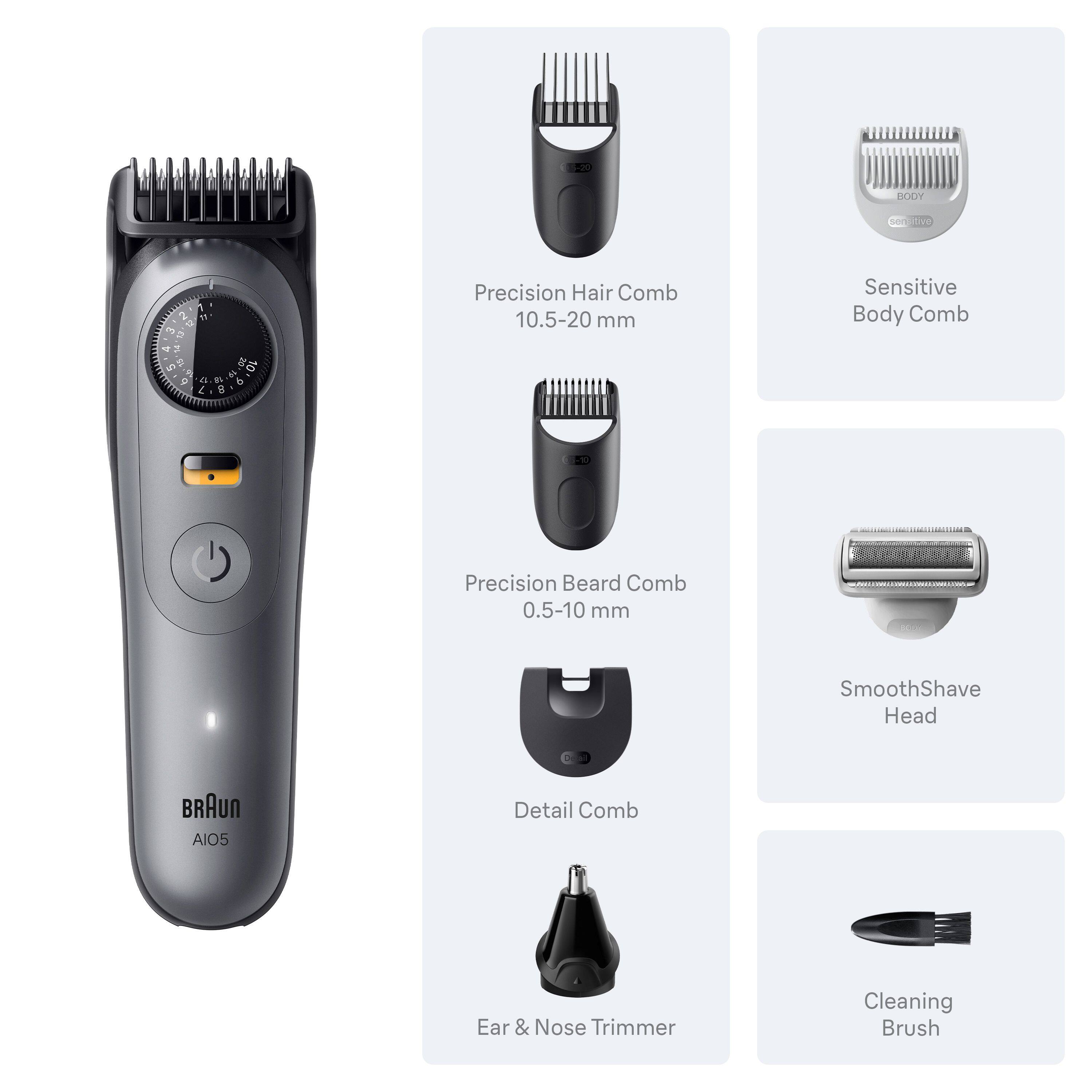 BRAUN AIO5

- Precision Hair Comb 10.5-20 mm
- Sensitive Body Comb
- Precision Beard Comb 0.5-10 mm
- Detail Comb
- Ear & Nose Trimmer
- SmoothShave Head
- Cleaning Brush