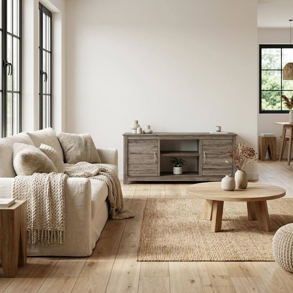 Alt View 2. FurniFact - Wooden TV stand with rustic oak finish for up to 65-inch screens, ample storage - Beige Gray.