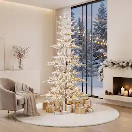 Glitzhome - 7ft Deluxe Pre-Lit Flocked Slim Fir Artificial Christmas Tree with 400 Lights - White