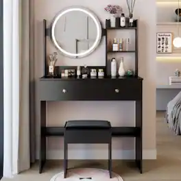 LUCKY ONE - 17in Round LED Mirror Vanity Set with Large Desktop, Multi-Layer Storage and Stool for Small Space - Black