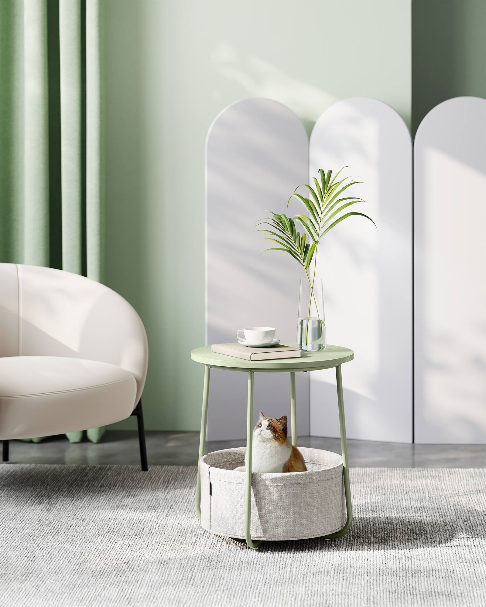 Left. Songmics Home - Side Table, Round End Table with Fabric Basket, Spacious, for Living Room Bedroom, Bedside Table, Modern Style - Laurel Green and Cream White.