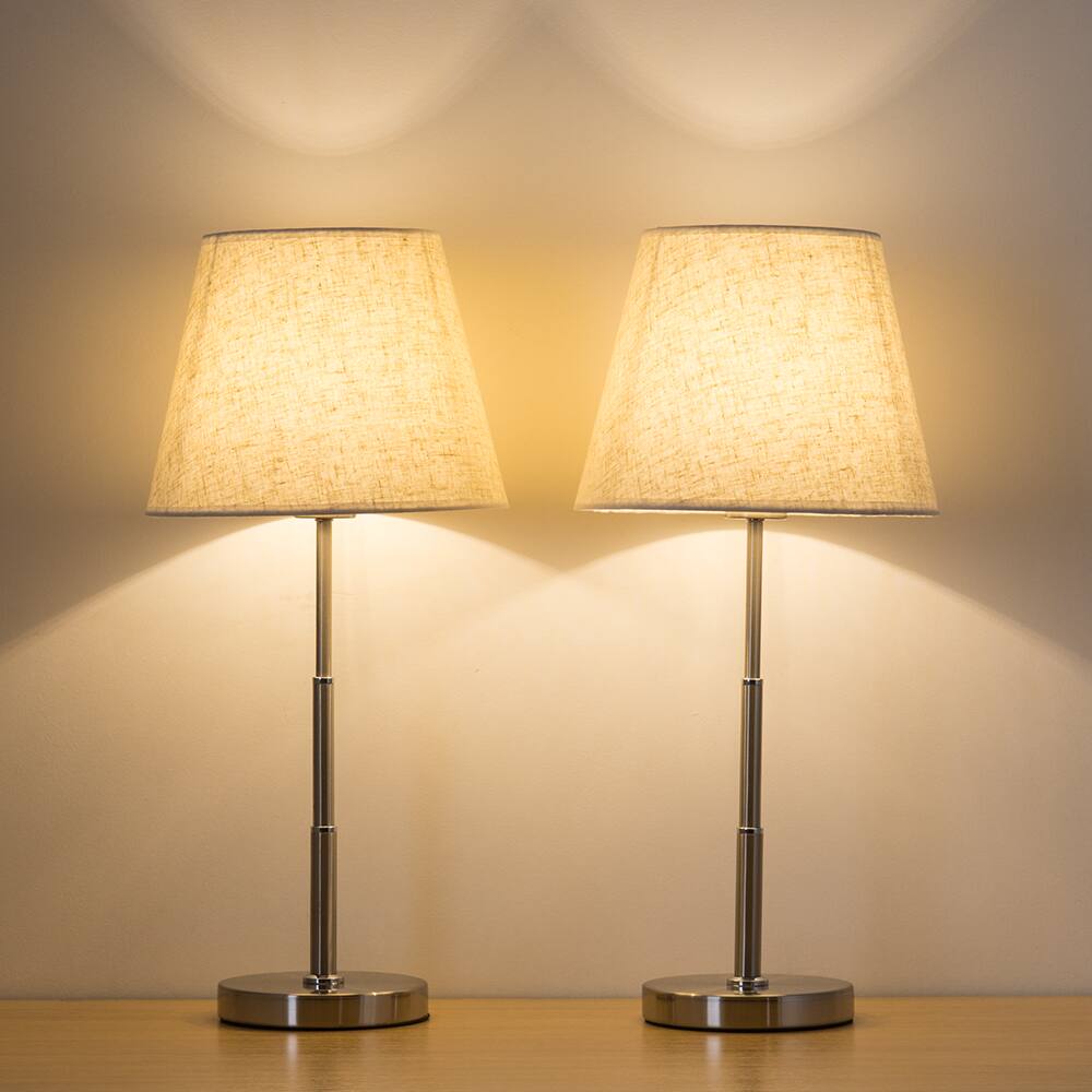 Left. Oumilen - 2-Pack Adjustable Height Brushed Nickel Table Lamps with Trapezoidal Fabric Shades.