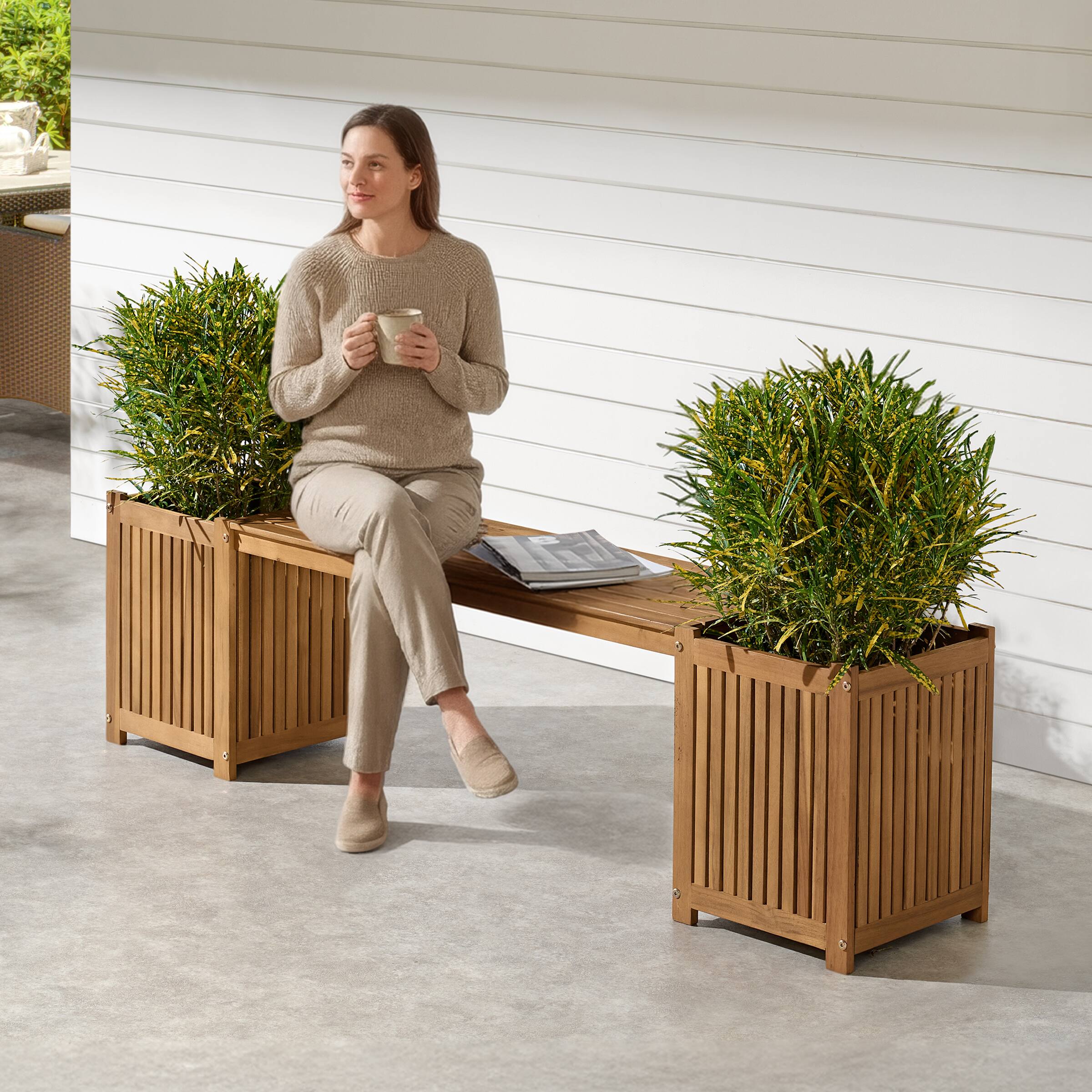 Alt View 6. Alaterre Furniture - Outdoor Bench with 2 Planter Boxes - 2-in-1 Acacia Wood Bench Outdoor Planters with Open-Ended Base - Brown.