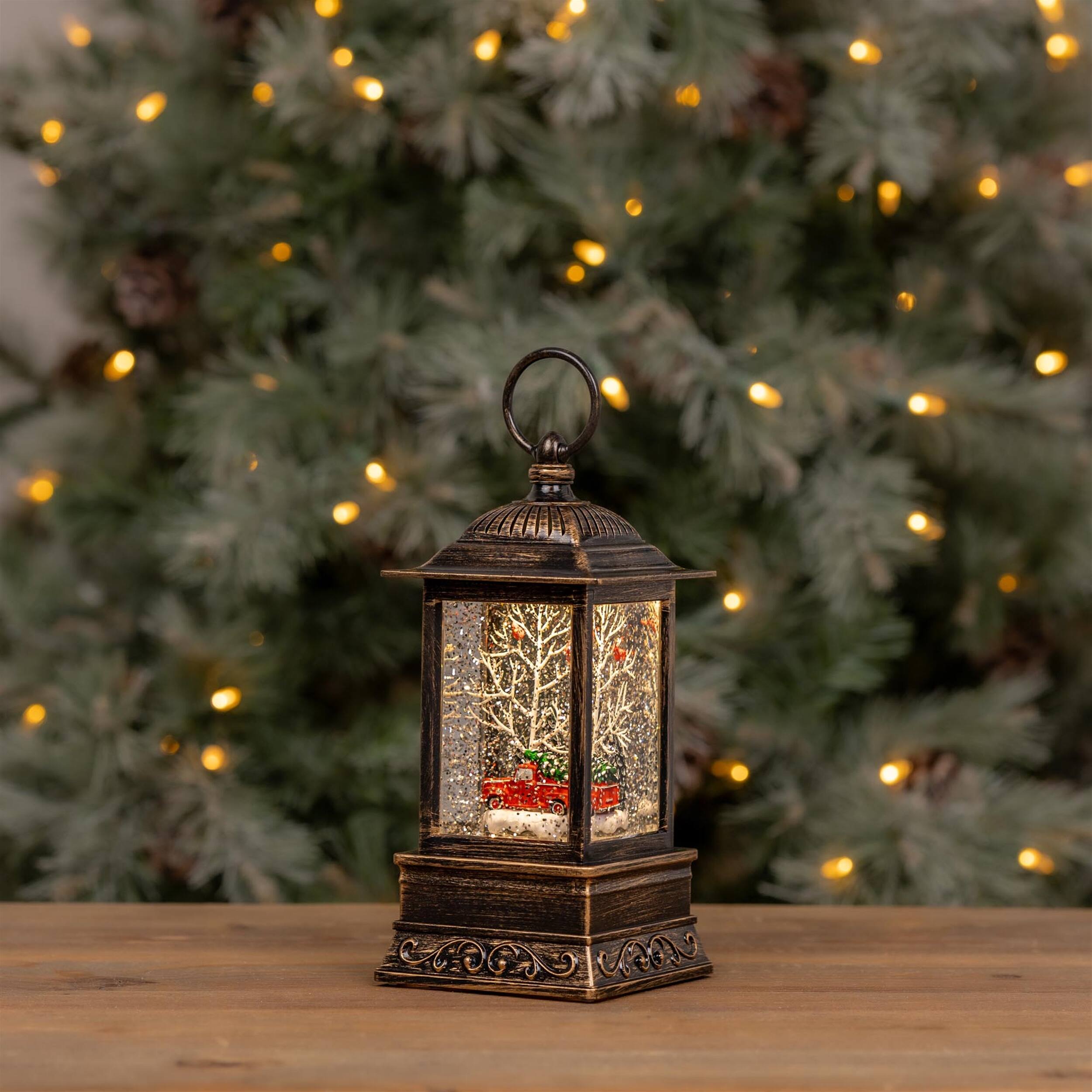 Angle. BreeBe - LED Snow Globe Lantern with Truck and Forest Scene 10.25"H - Red, Green, White.
