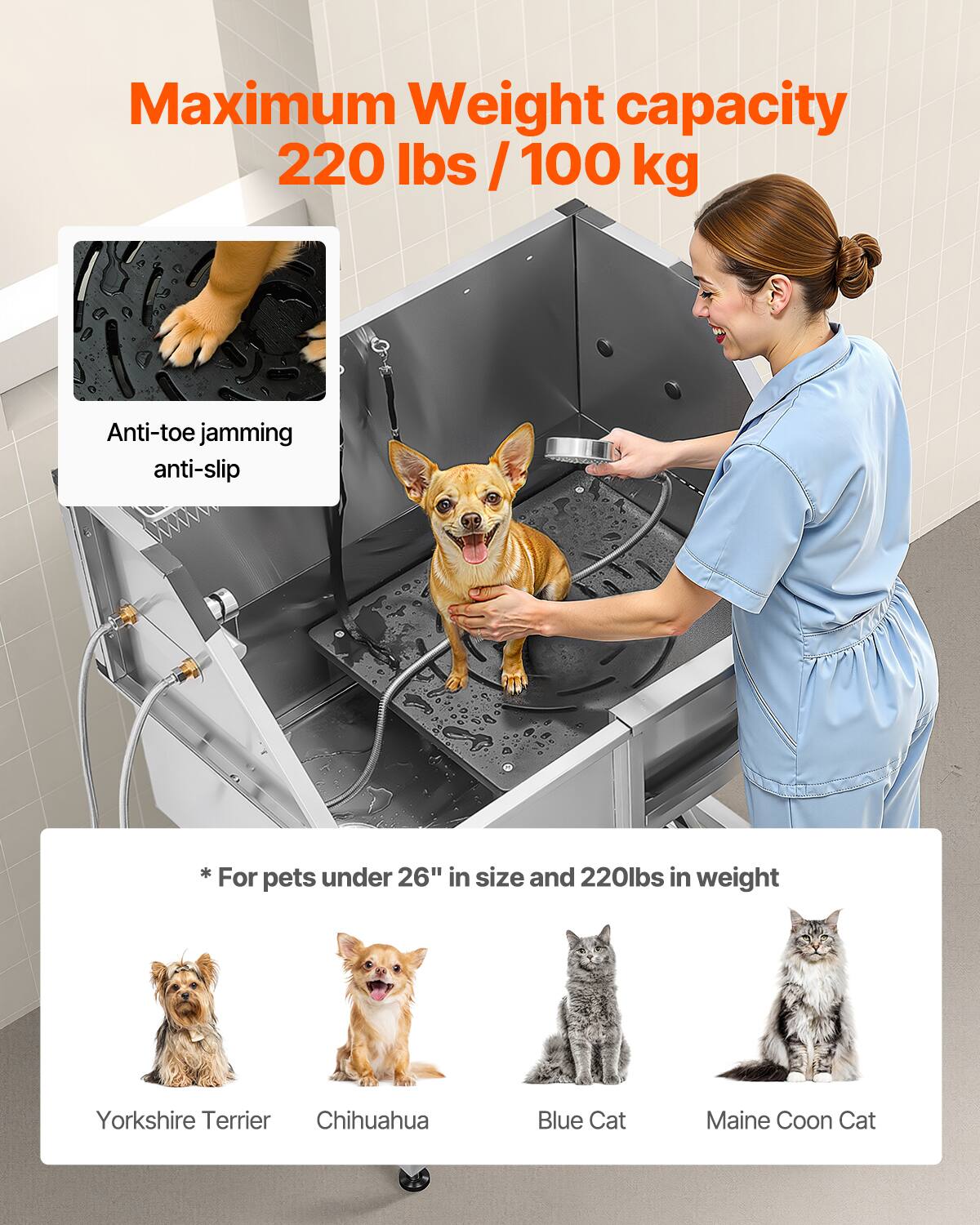 Maximum Weight capacity  
220 lbs / 100 kg  

Anti-toe jamming  
anti-slip  

* For pets under 26" in size and 220lbs in weight  

Yorkshire Terrier  
Chihuahua  
Blue Cat  
Maine Coon Cat