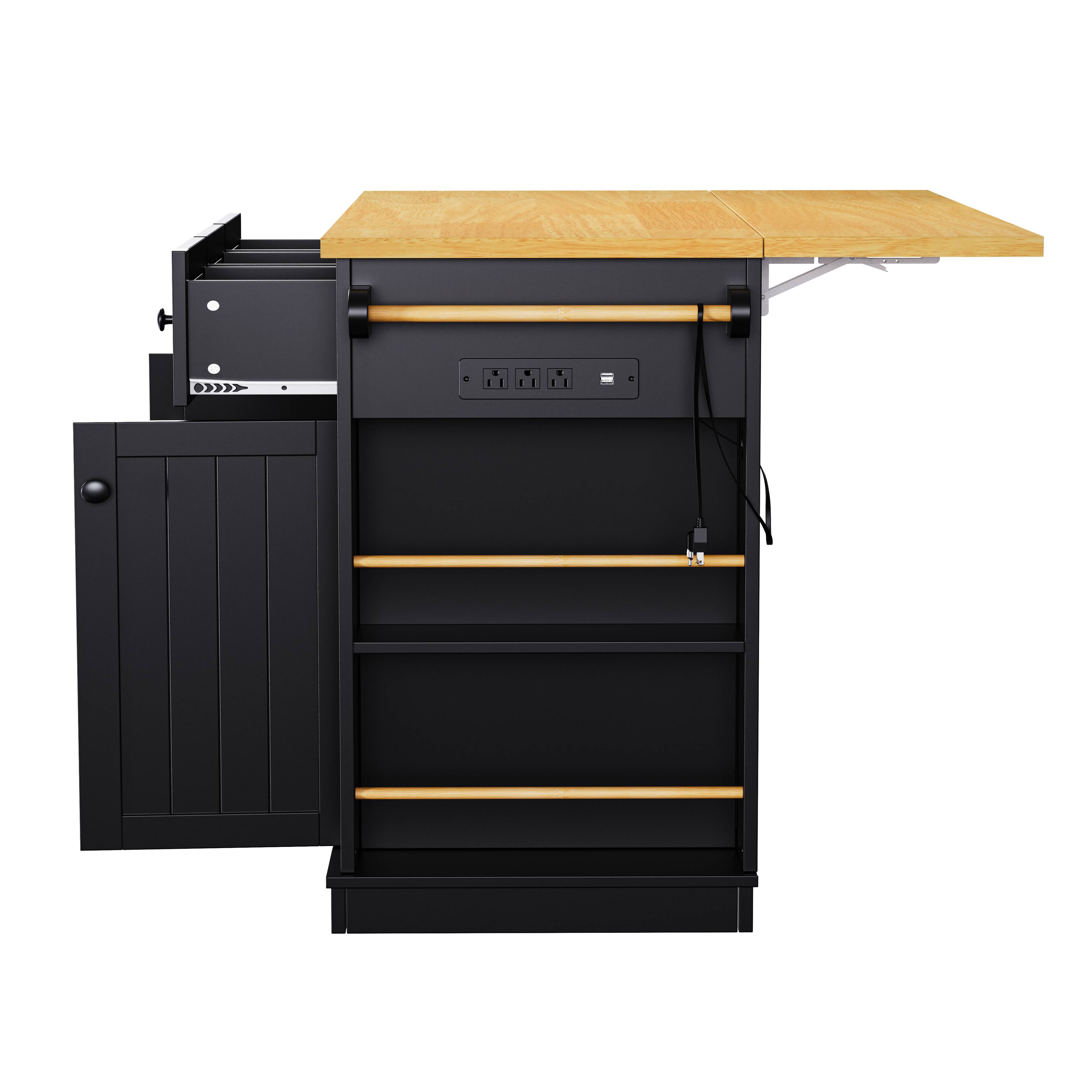 Alt View 2. Forest'nSky - 53" Large Rolling Kitchen Island with Drop Leaf, Power Outlet, Internal Storage Rack, and 5 Open Side Racks, Black - Black.