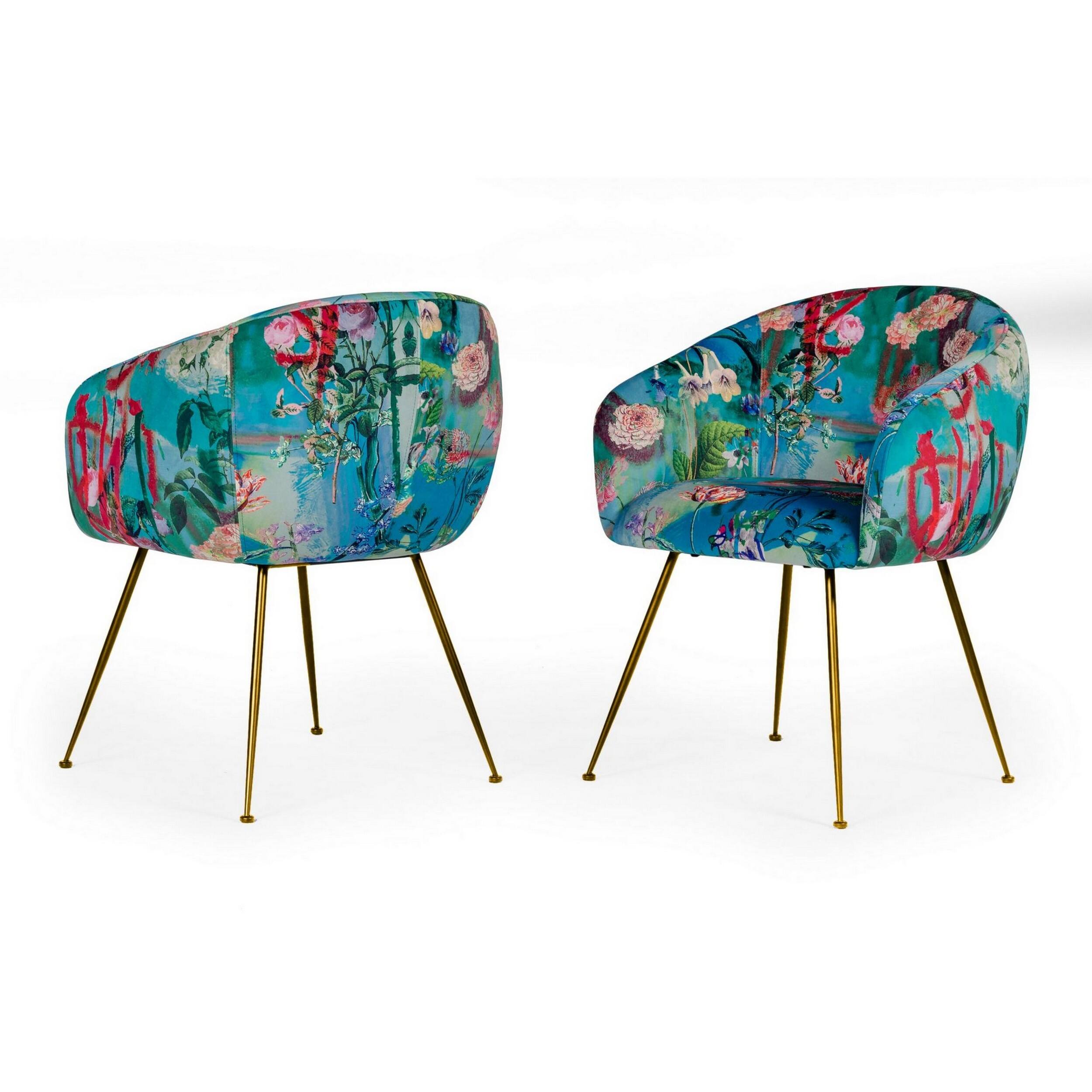 Back. Manhattan Lane - 25 Inch Dining Chair, Floral Design,  Legs,  Velvet Upholstery - Blue, Gold, Multicolor.