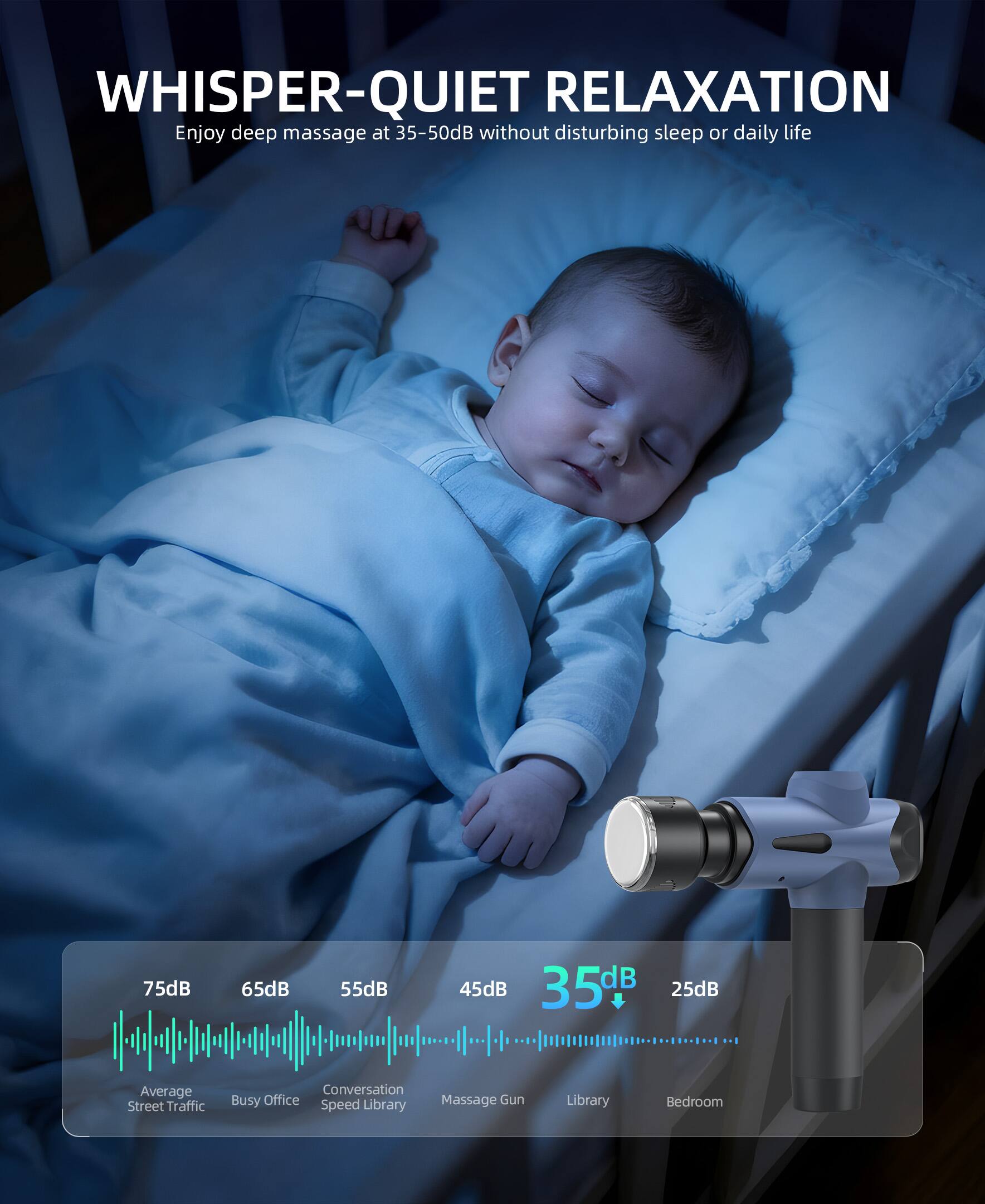 WHISPER-QUIET RELAXATION  
Enjoy deep massage at 35-50dB without disturbing sleep or daily life  

75dB  
65dB  
55dB  
45dB  
35dB  
25dB  

Average Street Traffic  
Busy Office  
Conversation  
Massage Gun  
Speed Library  
Library  
Bedroom