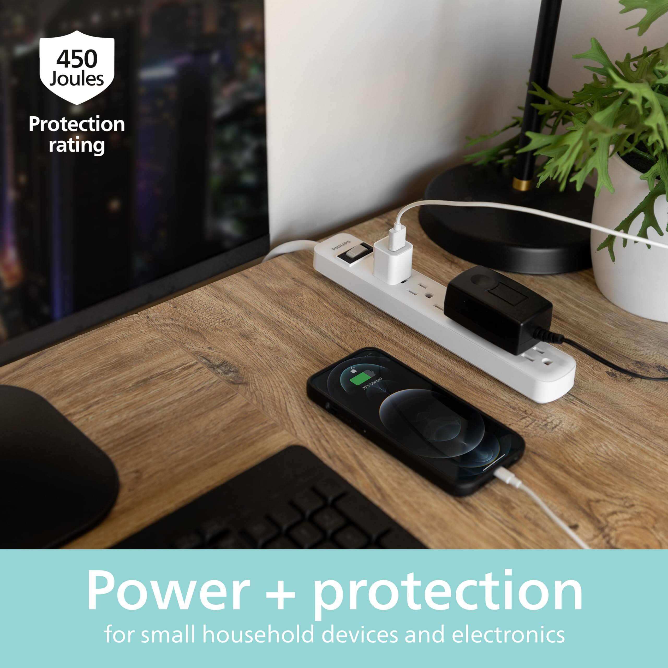 450 Joules Protection rating

Power + protection for small household devices and electronics