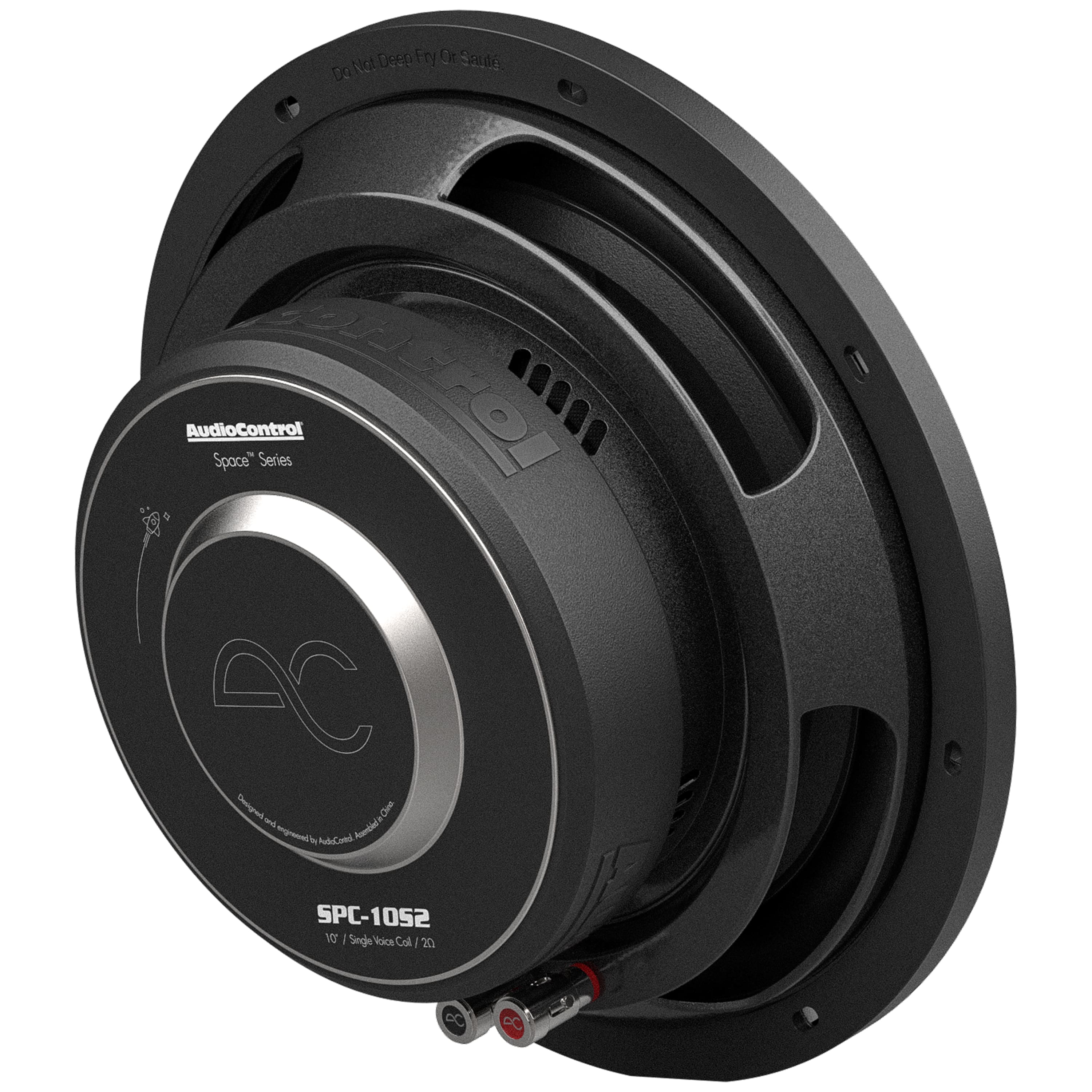 The text on the image reads: "Deep Fry or Saute DON'T AUDIOCONTROL Space Series SPC-1052 10 - 20 Watts RMS 8 Ohm Single Voice Coil."