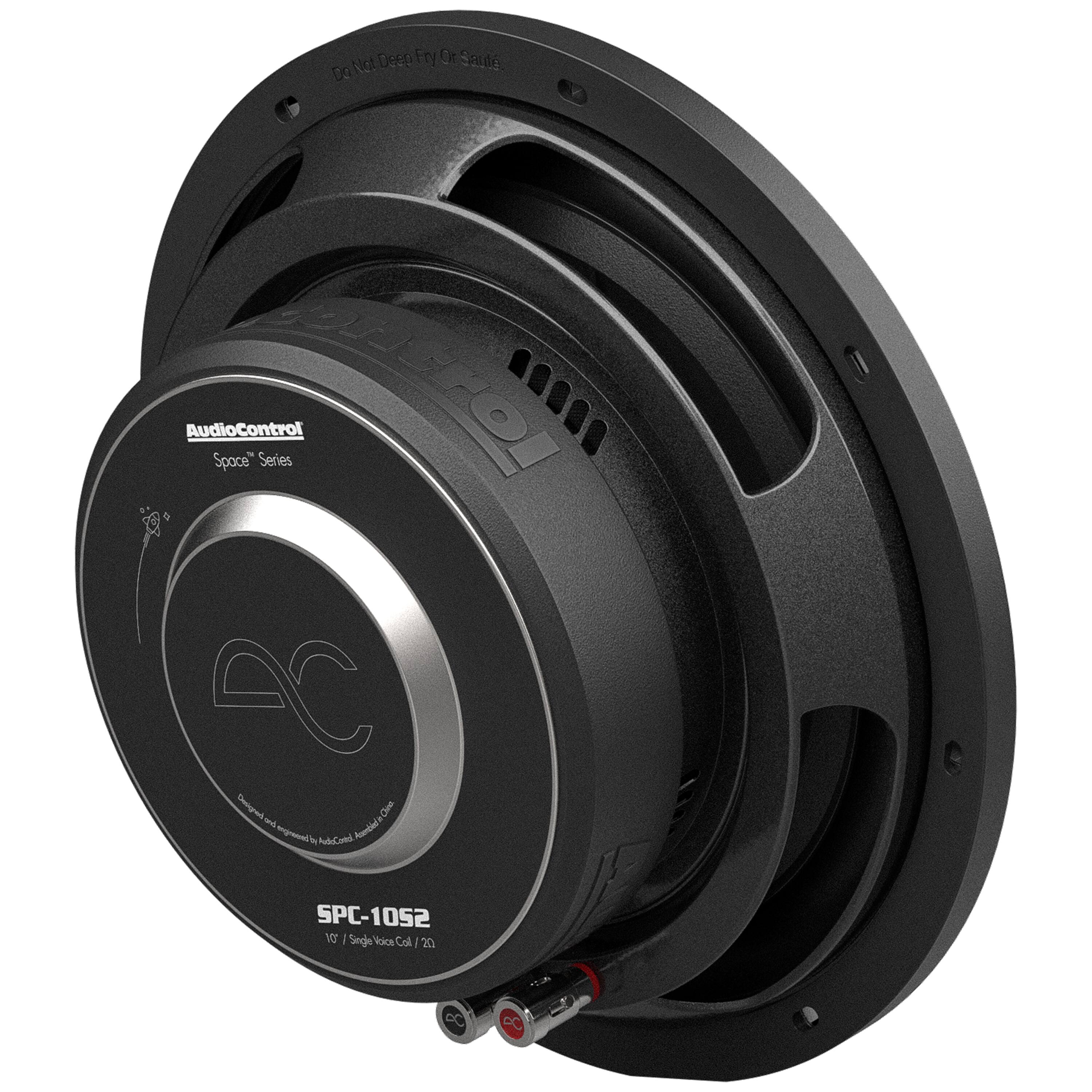 The text on the image reads: "Deep Fry or Saute DON'T AUDIOCONTROL Space Series SPC-1052 10 - 20 Watts RMS 8 Ohm Single Voice Coil."