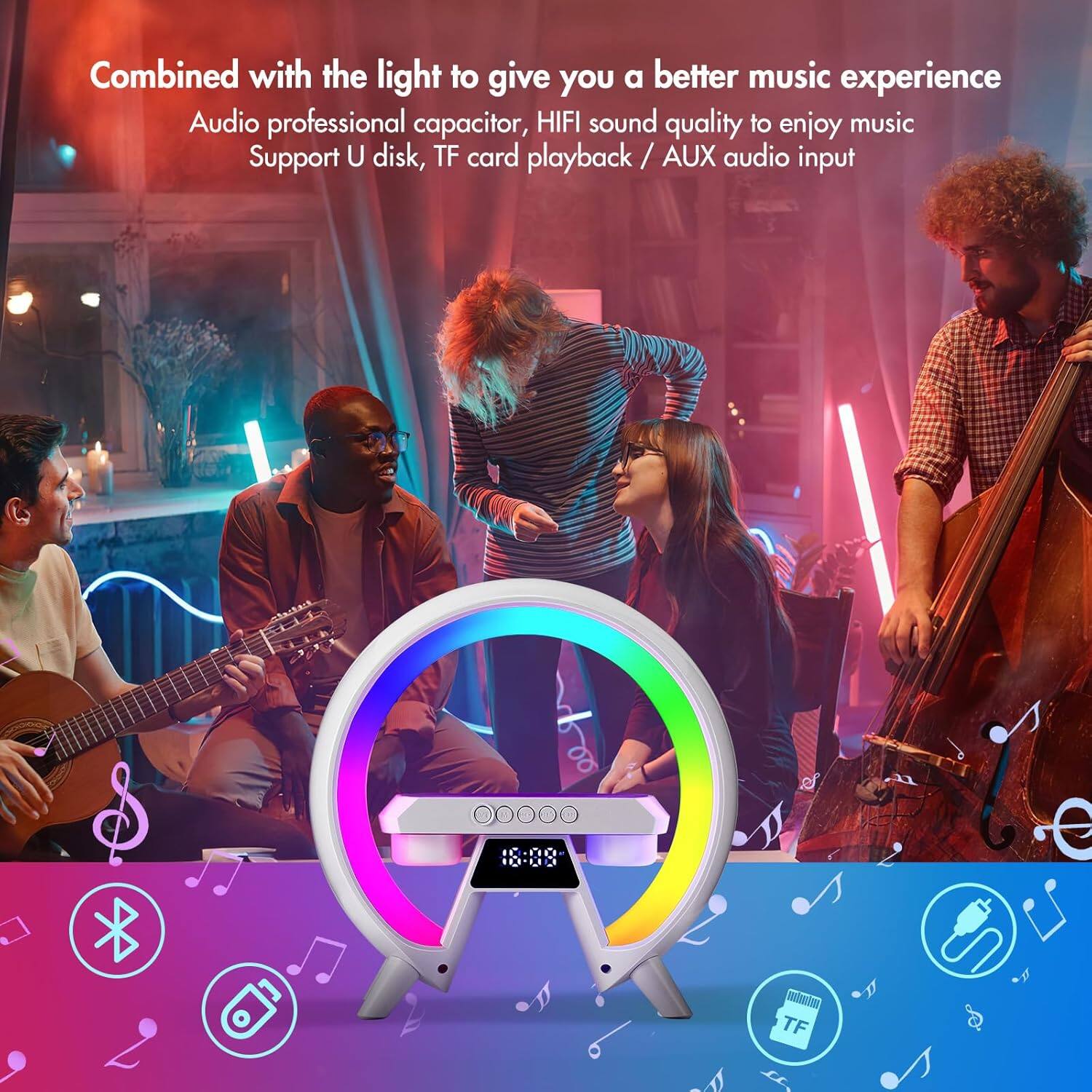 Combined with the light to give you a better music experience

Audio professional capacitor, HIFI sound quality to enjoy music

Support U disk, TF card playback / AUX audio input