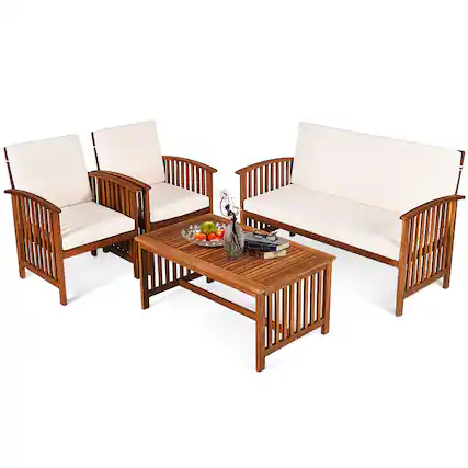 Front. Costway - Costway 4PCS Patio Solid Wood Furniture Set Conversation Coffee Table W/ Cushion - White,Natural.