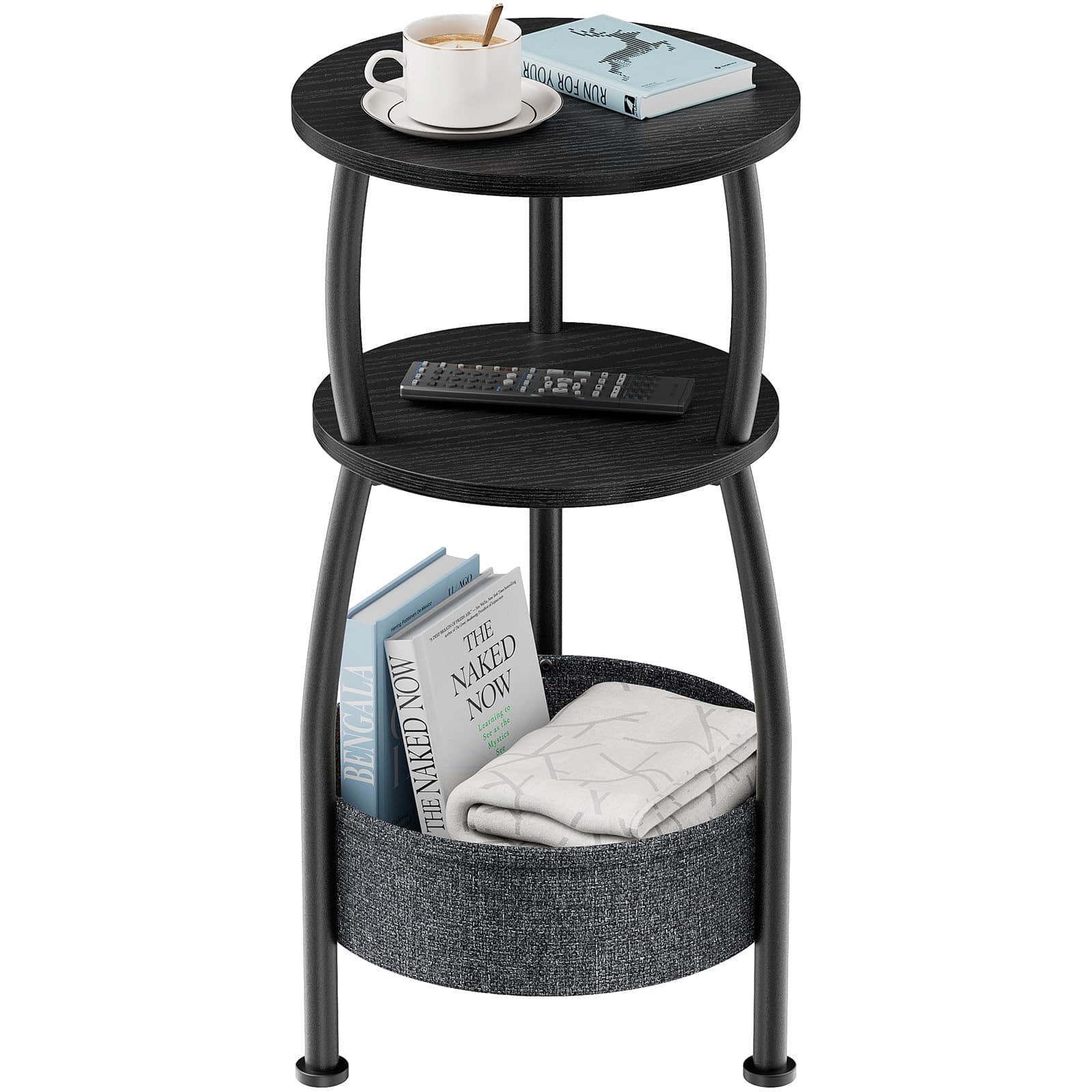 VEGA AUTOMOTIVE - Round Side Table For Spaces With Storage Basket - End 3-tier Night Stand Sofa Corner Living Room Bedroom Pa - Classic Black