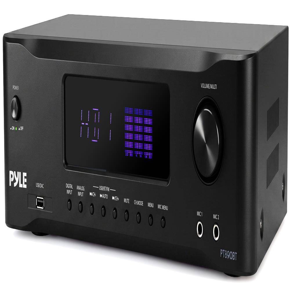 POWER VOLUME MULT .ON OF PYLE USB DAC DIGITAL ANALOG USB/RT/FM NPT IRUT WICH IAUTO MUTE CH/MODE MENU MIC MENU MIC1 MIC2 PT890BT