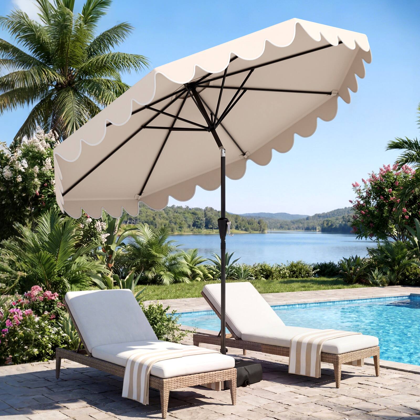 Alt View 1. Costway - Costway 10 FT Patio Umbrella with Weighted Base, Sandbags, Push Button Tilt & Crank - Beige.