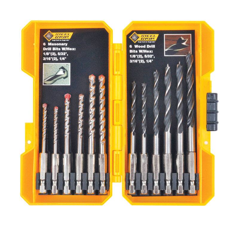 SILEL BRIP - 6 Masonary Drill Bits W/Hex: 1/8"(2), 5/32", 3/16"(2), 1/4"  
SIEEL KRIR - 6 Wood Drill Bits W/Hex: 1/8"(2), 5/32", 3/16"(2), 1/4"