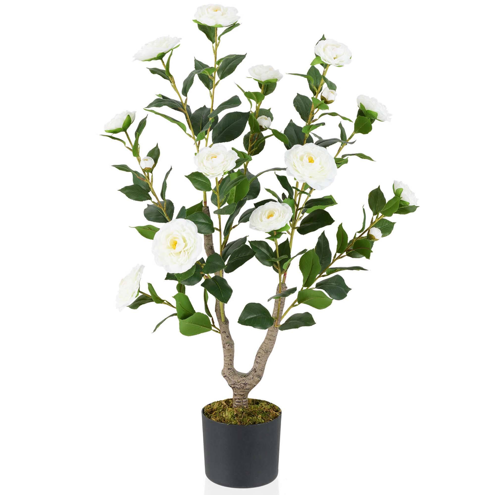 Costway - 1 PCS 36" Artificial Camellia Tree Fake Potted Tree Greenery Floral Plant Modern - White