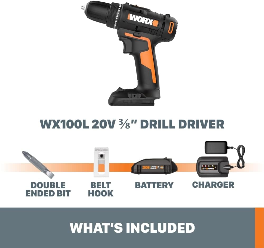 The text on the image is grouped and corrected as follows:

"WORX WX100L 20V 3/8" DRILL DRIVER IMPOSIO 201 S - ZIPD AN DOUBLE ENDED BIT BELT HOOK BATTERY CHARGER WHAT'S INCLUDED"