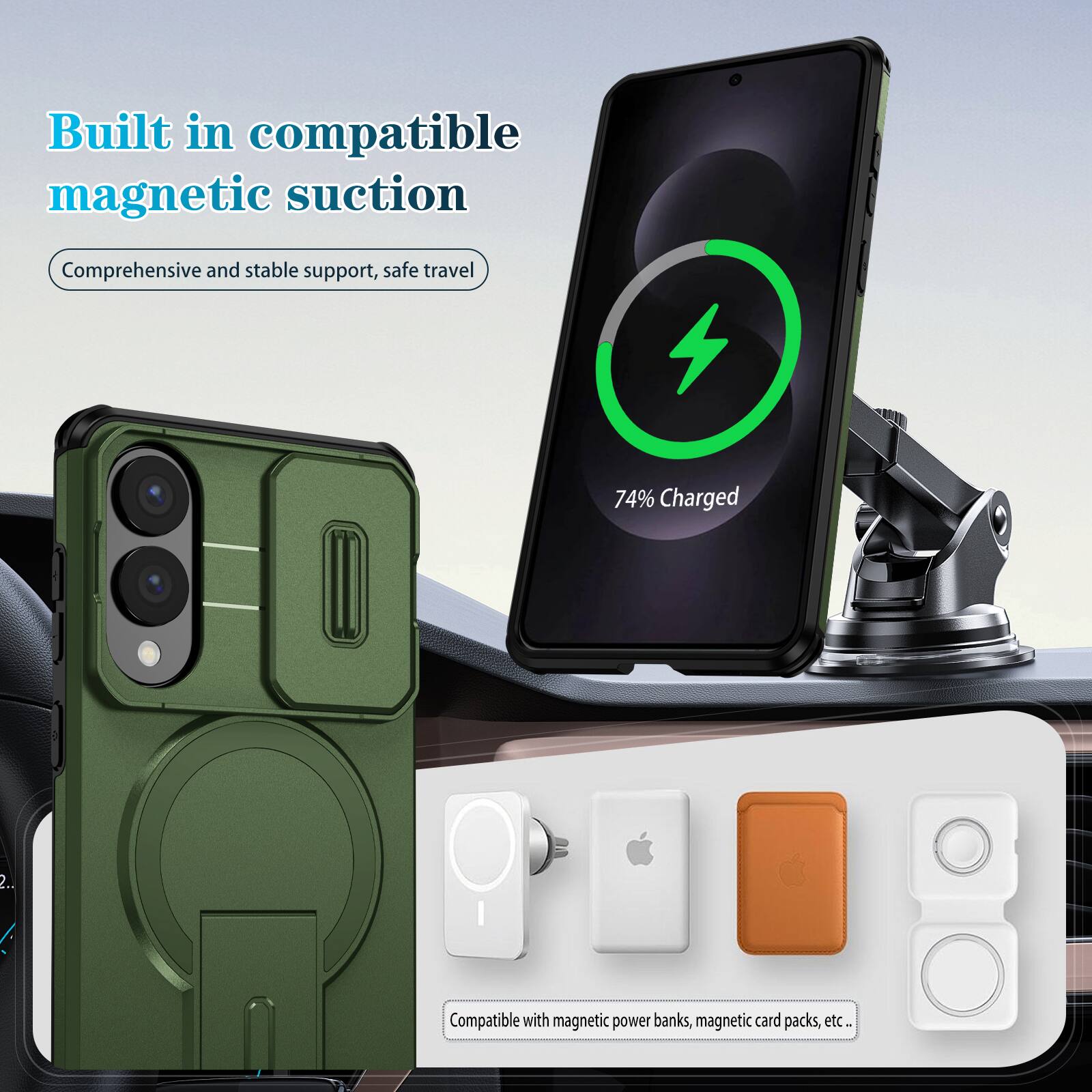 Built in compatible magnetic suction  
Comprehensive and stable support, safe travel  

74% Charged  

Compatible with magnetic power banks, magnetic card packs, etc.