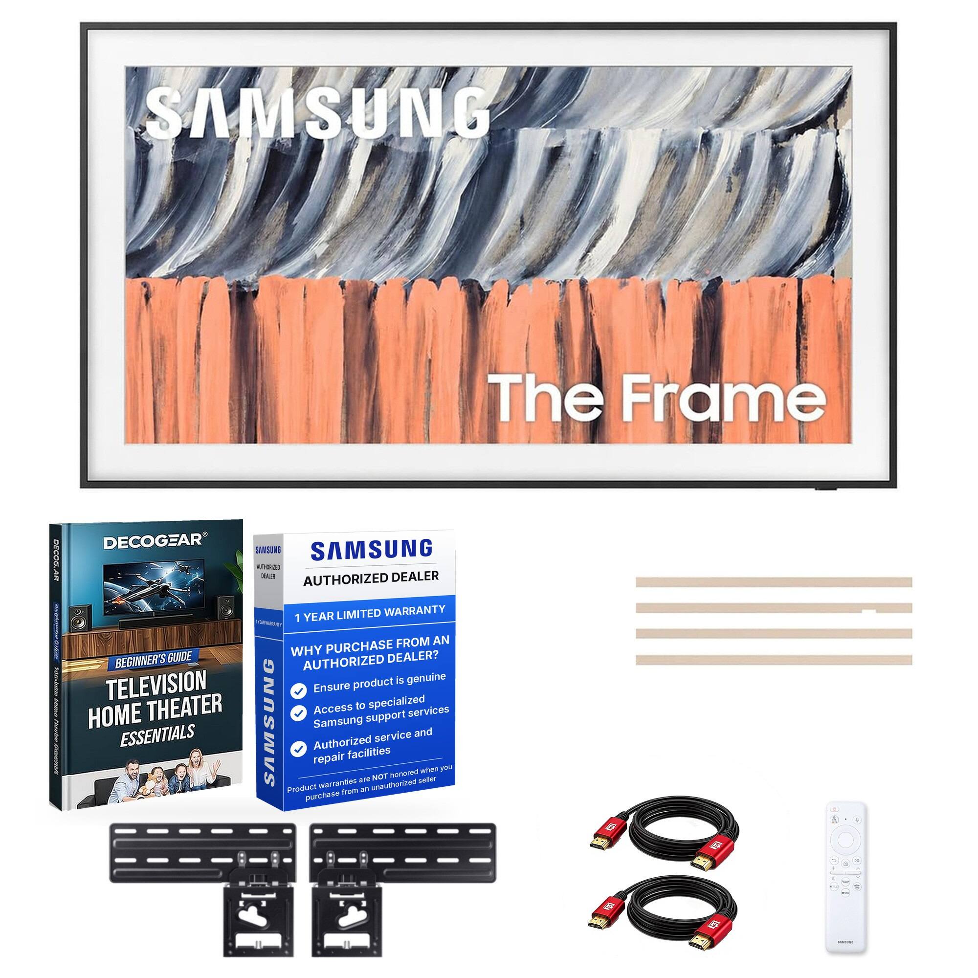 SAMSUNG  
The Frame  

DEGOS.AR  
DECOGEAR SAMSUNG SAMSUNG QUALER DEALER AUTHORIZED 1 YEAR LIMITED WARRANTY FROM AN WHY PURCHASE BEGINNER'S GUIDE AUTHORIZED DEALER? TELEVISION Ensure product is genuine THEATER Access to specialized services HOME SAMSUNG Samsung support and ESSENTIALS Authorized service repair facilities when you are NOT honored seler Product warranties an unauthorized purchase from
