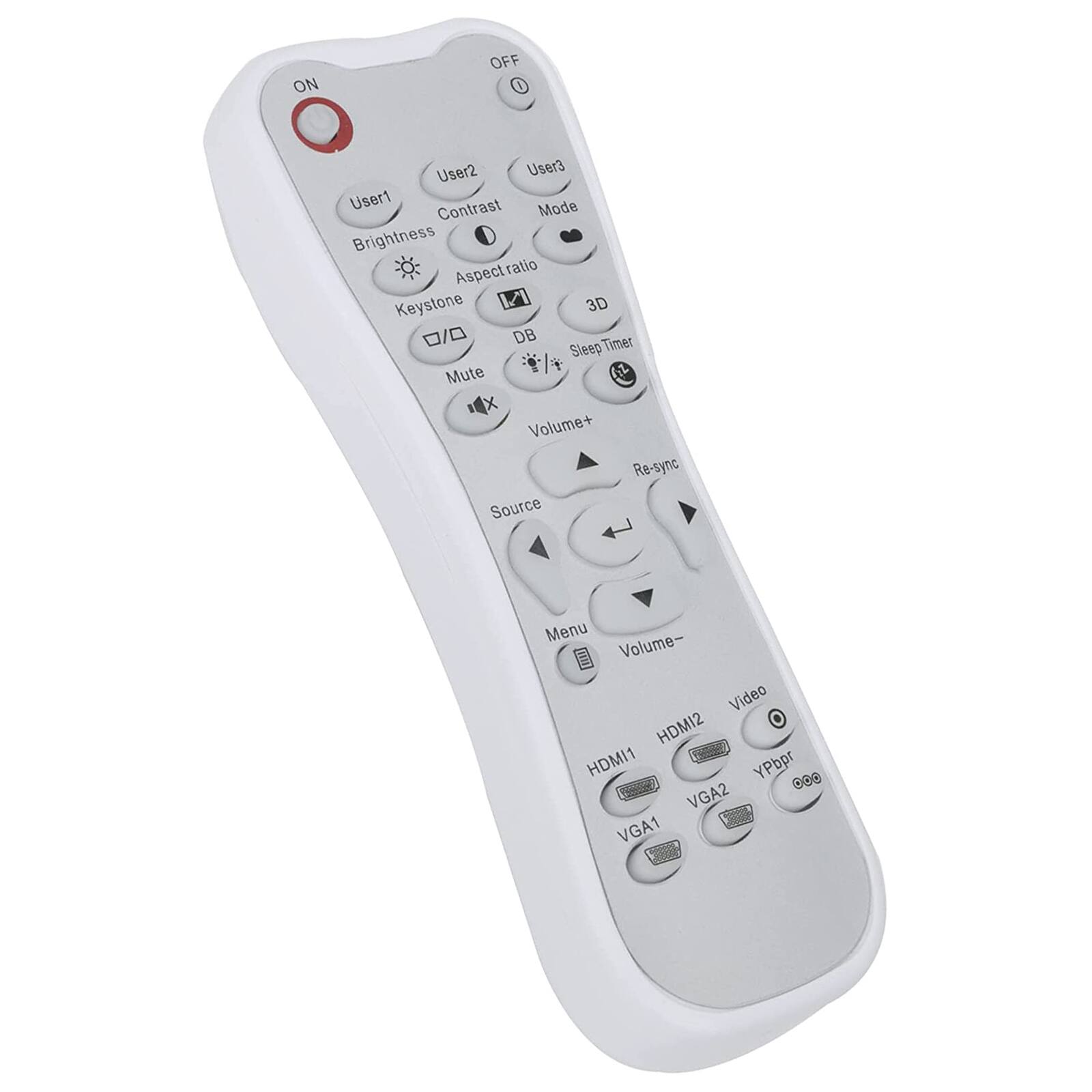 ON OFF 1 User2 User3 User1 Contrast Mode Brightness Aspectratio Keystone 1 3D DB Timer Sleep Mute Volume+ Re-sync Source Menu Volume- Video HDMI2 HDMI1 YPbpr 080 VGA2 VGA1