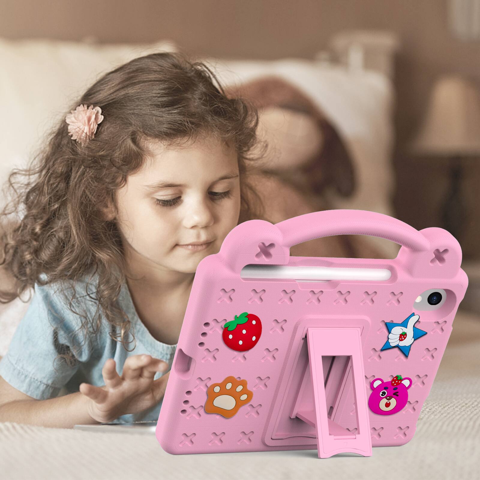 Alt View 2. Dteck - For Apple iPad mini (A17 Pro) 2024/iPad mini 6th Cute Cartoon Kid Case Built-in Kickstand Handle Grip Shockproof Cover - Pink.