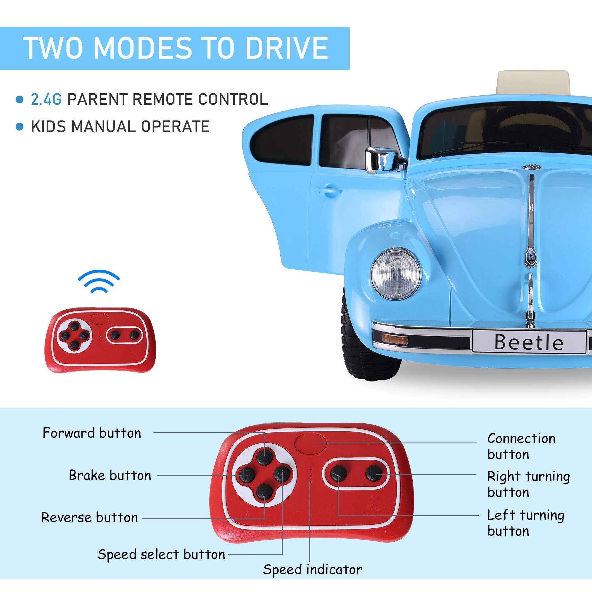 TWO MODES TO DRIVE

- 2.4G PARENT REMOTE CONTROL
- KIDS MANUAL OPERATE

Forward button
Brake button
Reverse button
Speed select button
Speed indicator
Connection button
Right turning button
Left turning button