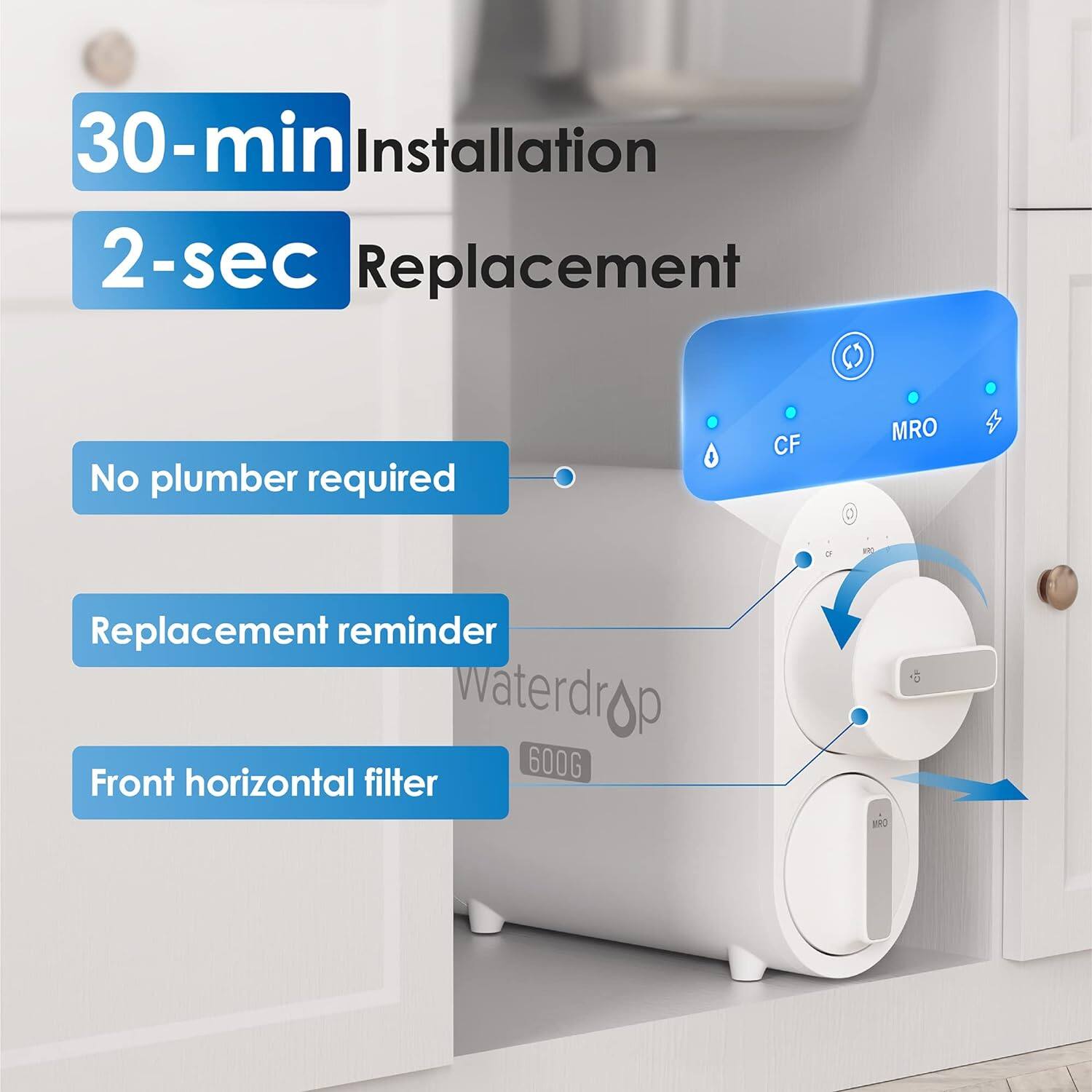 30-min Installation, 2-sec Replacement, No plumber required, Replacement reminder, Front horizontal filter, waterdrop 600G, CF, MRO, BRO
