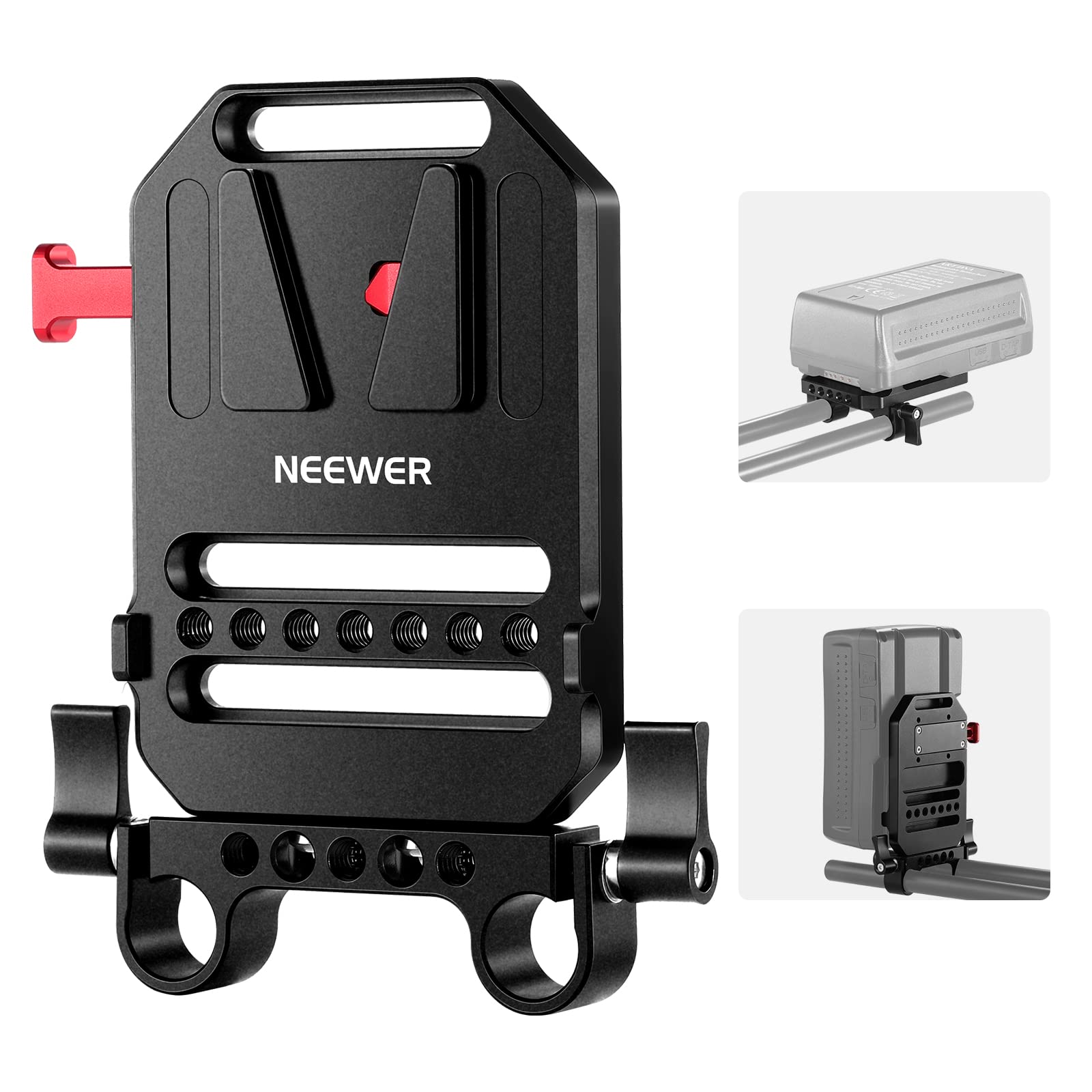 Front. Neewer - V-Mount Battery Plate with Dual Rod Clamps for Camera Rig.