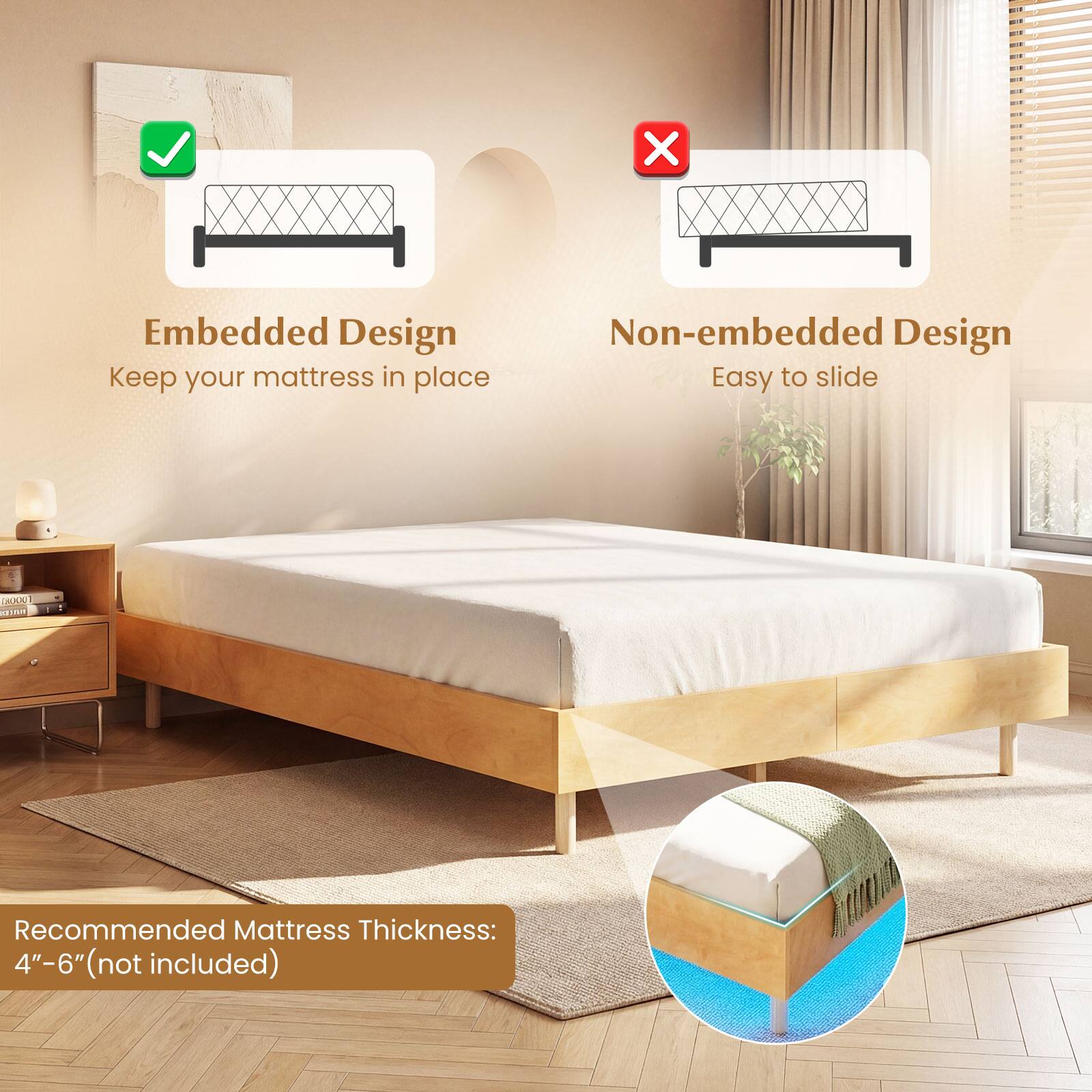 Embedded Design  
Keep your mattress in place

Non-embedded Design  
Easy to slide

Recommended Mattress Thickness:  
4"–6" (not included)
