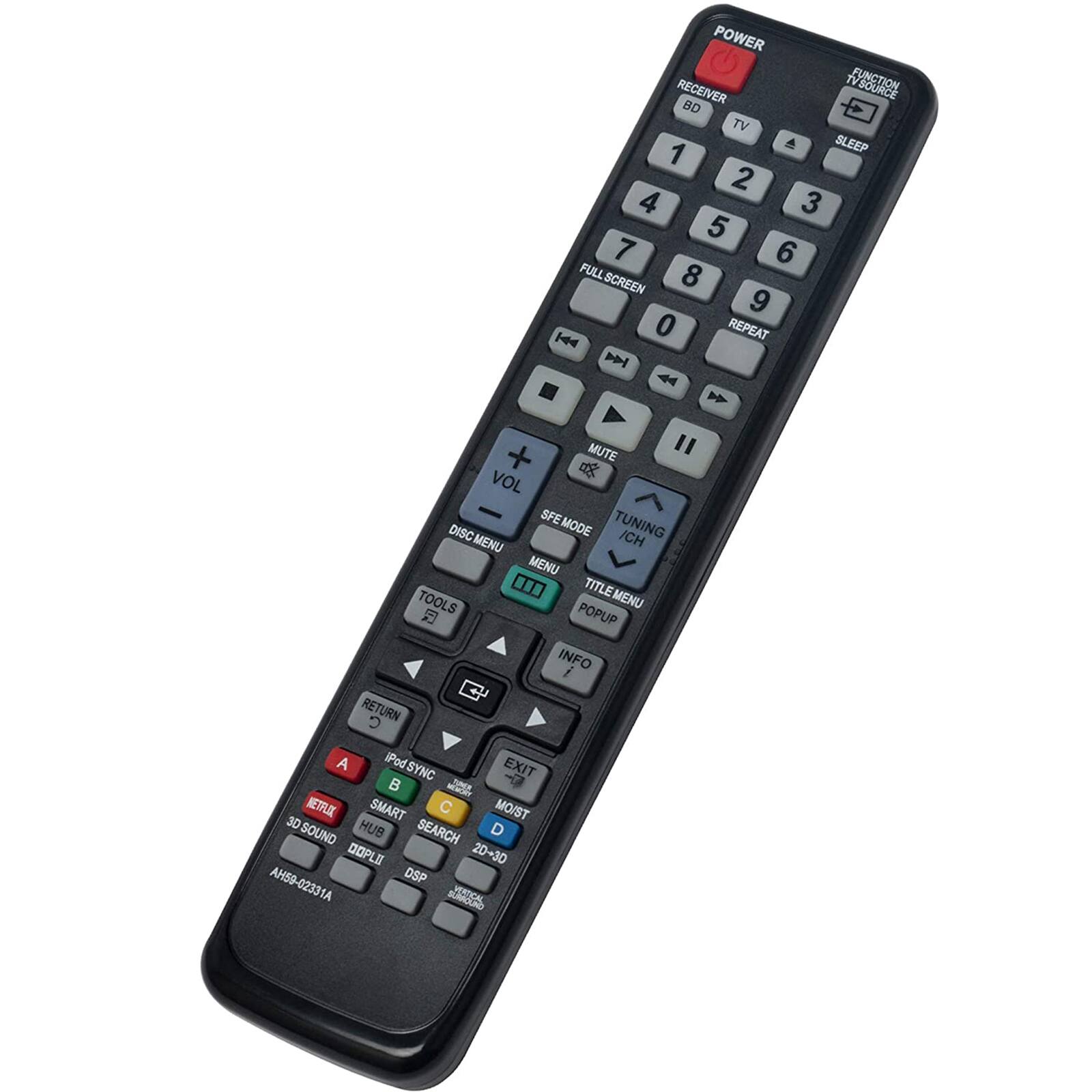 POWER RECEIVER FUNCTION BD TV A SLEEP 1 2 3 4 5 6 7 8 9 0 FULL SCREEN REPEAT |4 4 . MUTE " + o VOL SFE TUNING DISC MODE MENU ICH MENU ... TITLE MENU TOOLS POPUP INFO i RETURN C A iPod EXIT SYNC + MMr NETFLIX SMART C MO/ST 3D HUB D SOUND SEARCH DOPLI 20-30 AH59-02331A AHSO DSP JODOA