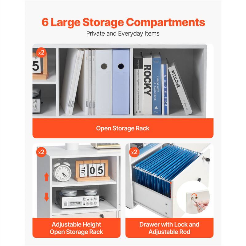 6 Large Storage Compartments  
Private and Everyday Items

Open Storage Rack x2

Adjustable Height Open Storage Rack x2

Drawer with Lock and Adjustable Rod x2