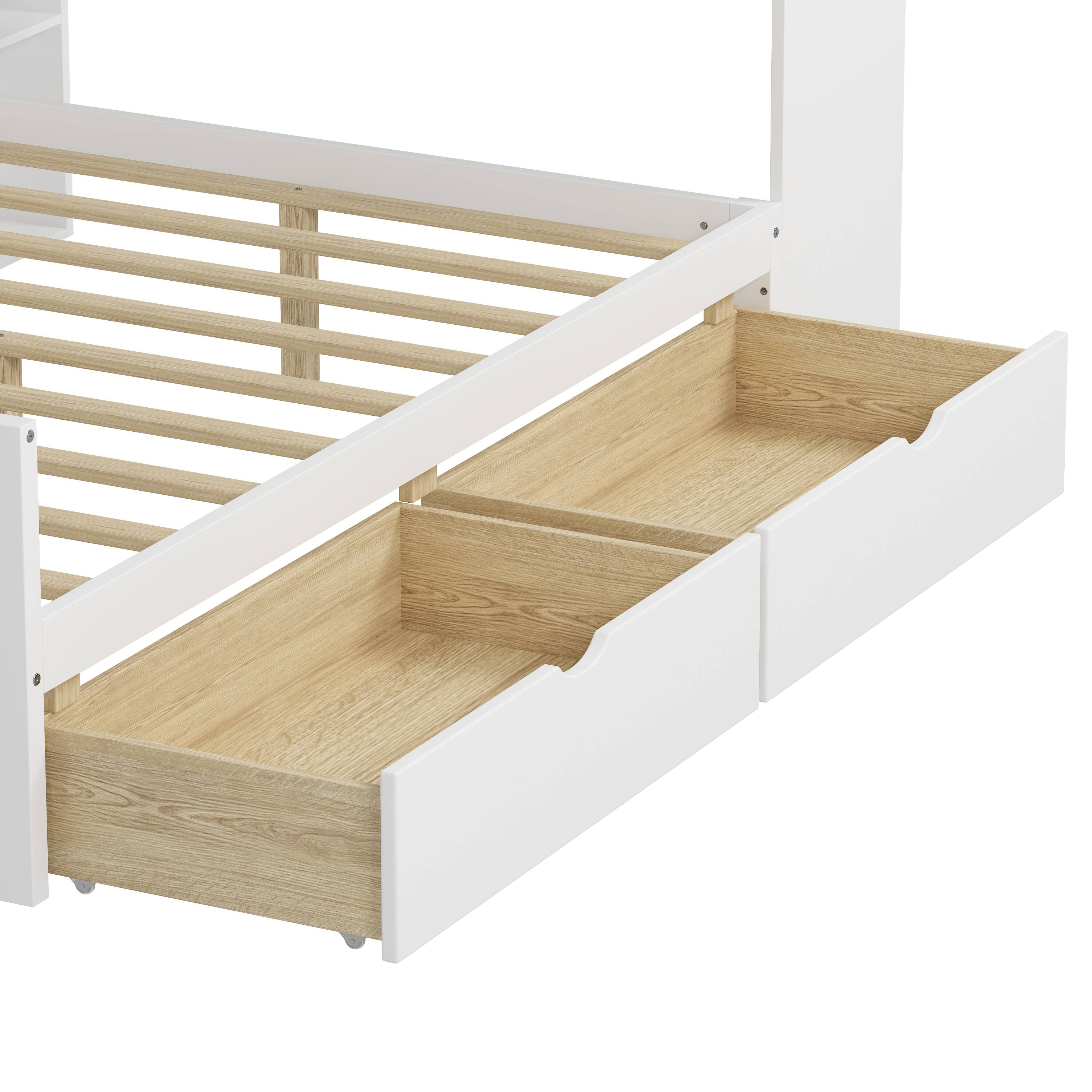 Alt View 6. Tiramisubest - Wooden L-Shape Daybed with Storage Cabinets and Drawers, Multi-functional Bed with Study Desk and Built-in Bookshelf - White.
