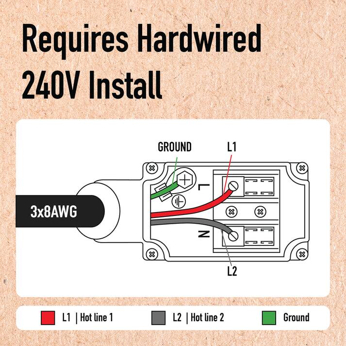 Requires Hardwired 240V Install

GROUND
L1
+
3x8AWG
N
L2
L1
Hot line 1
L2
Hot line 2
Ground