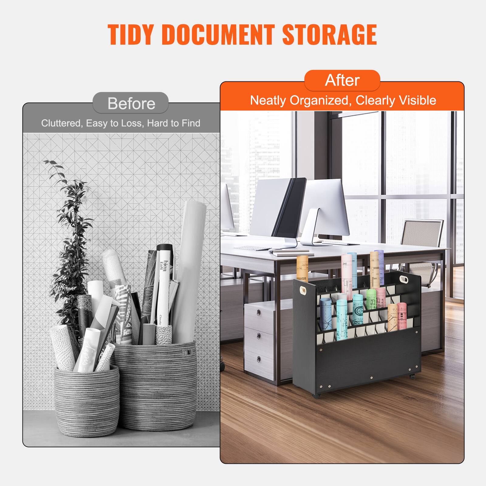 TIDY DOCUMENT STORAGE

Before  
Cluttered, Easy to Lose, Hard to Find

After  
Neatly Organized, Clearly Visible