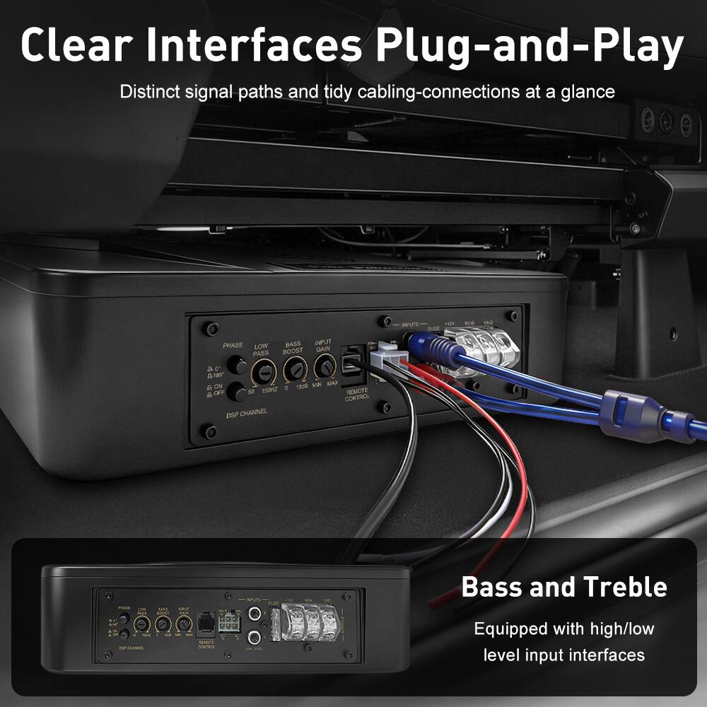 Clear Interfaces Plug-and-Play  
Distinct signal paths and tidy cabling-connections at a glance  

Bass and Treble  
Equipped with high/low level input interfaces
