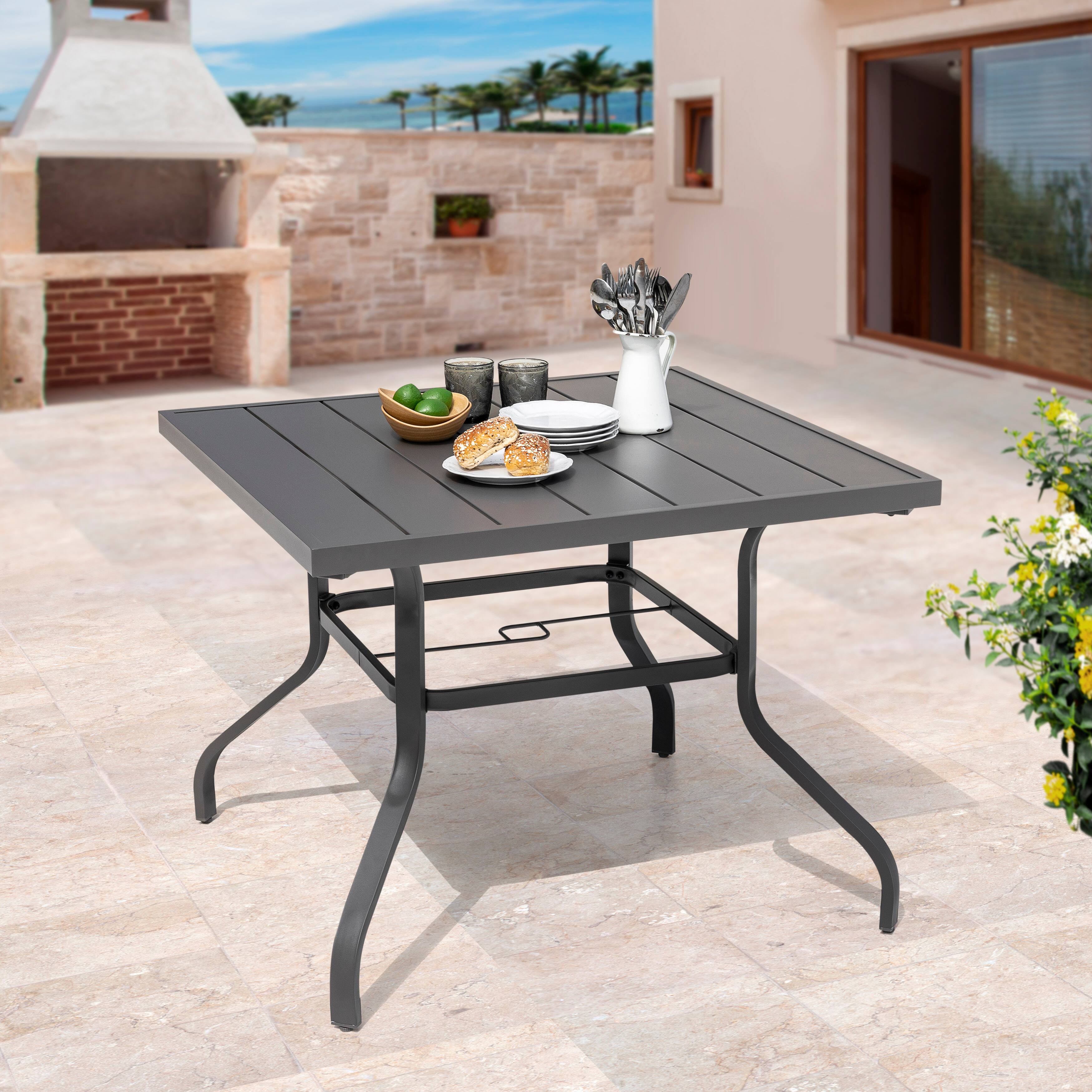 Alt View 7. Nuu Garden - Outdoor 37 Inch Square Iron Dining Table with 1.57'' Umbrella Hole, Slatted Top - Gray.