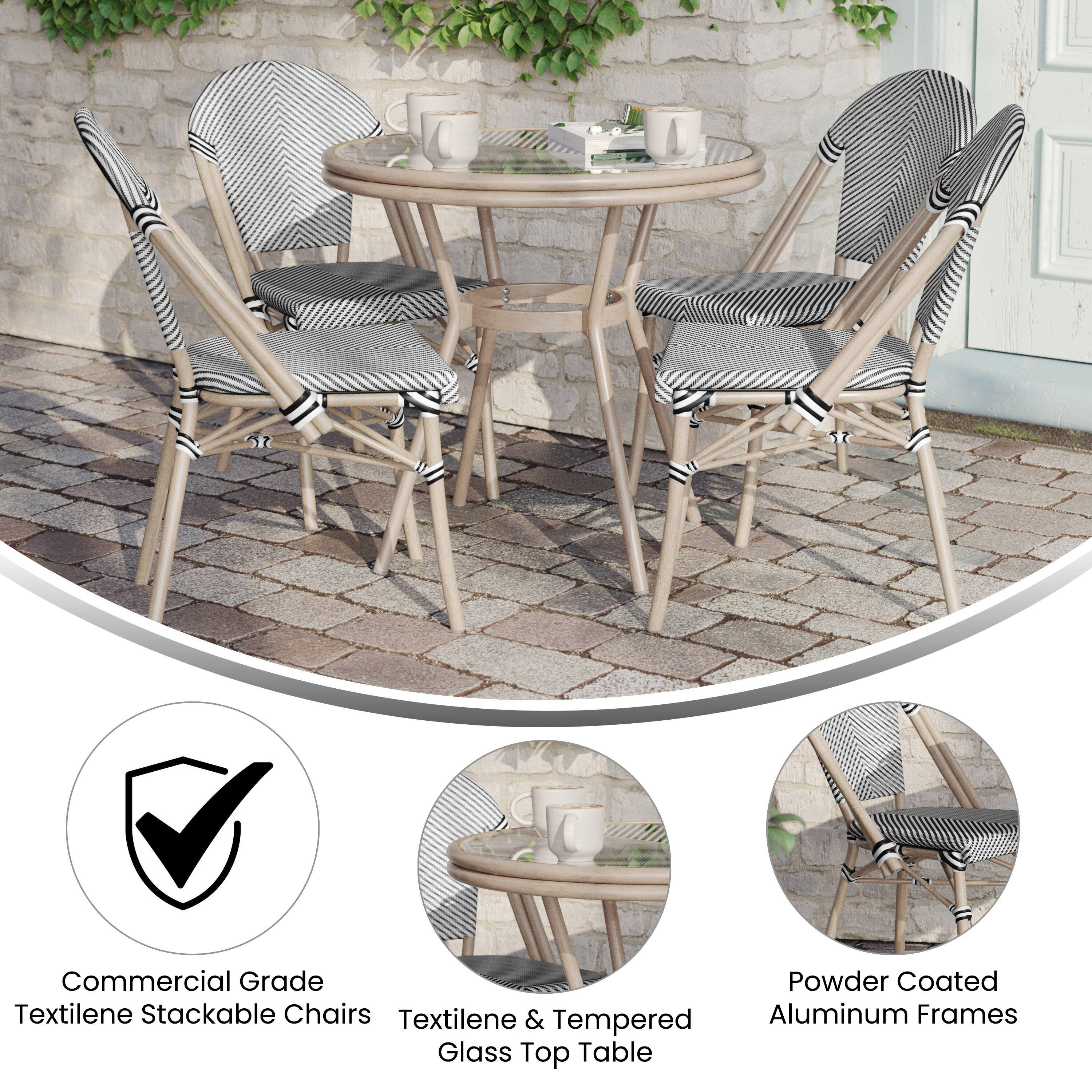 Commercial Grade Textilene Stackable Chairs  
Textilene & Tempered Aluminum Frames  
Glass Top Table