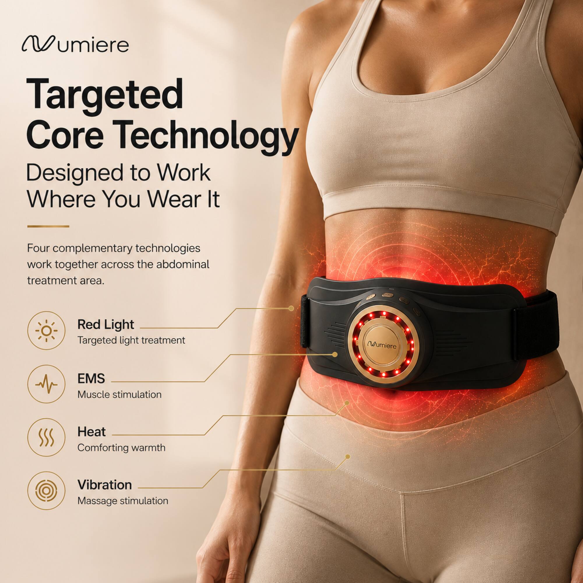 Mumiere Targeted Core Technology Designed to Work Where You Wear It

Four complementary technologies work together across the abdominal treatment area.

- Red Light: Targeted light treatment
- EMS: Muscle stimulation
- Heat: Comforting warmth
- Vibration: Massage stimulation